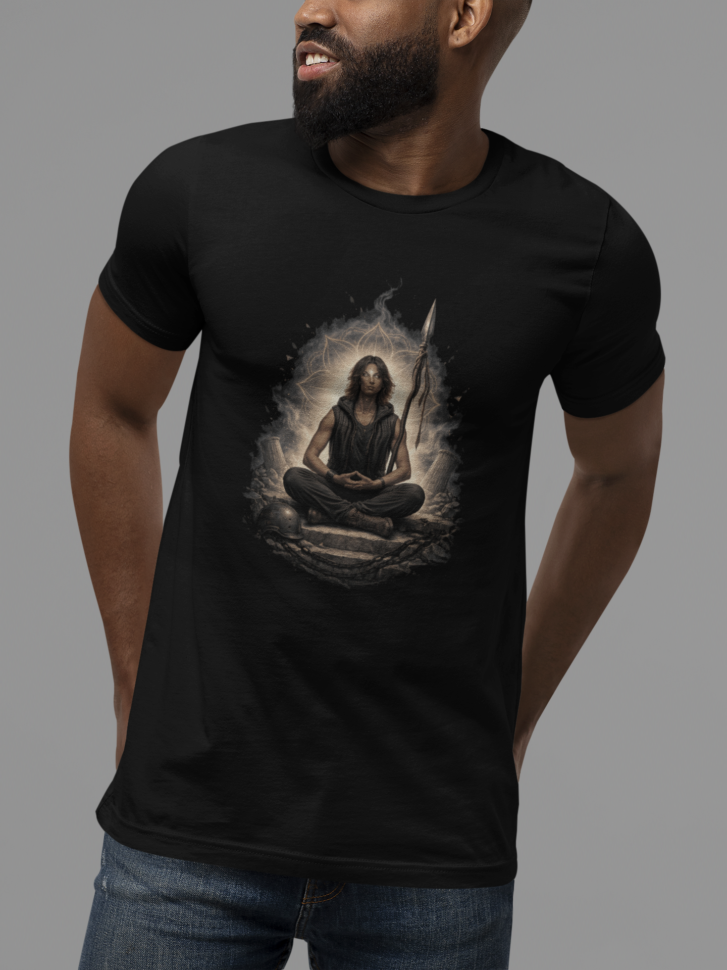 Meditating Warrior Illustration Tee | Spiritual Yoga Graphic T-Shirt | Stillness in a storm product thumbnail image