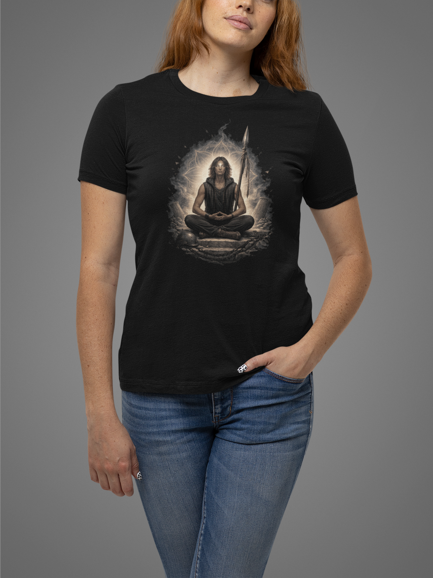 Meditating Warrior Illustration Tee | Spiritual Yoga Graphic T-Shirt | Stillness in a storm product thumbnail image