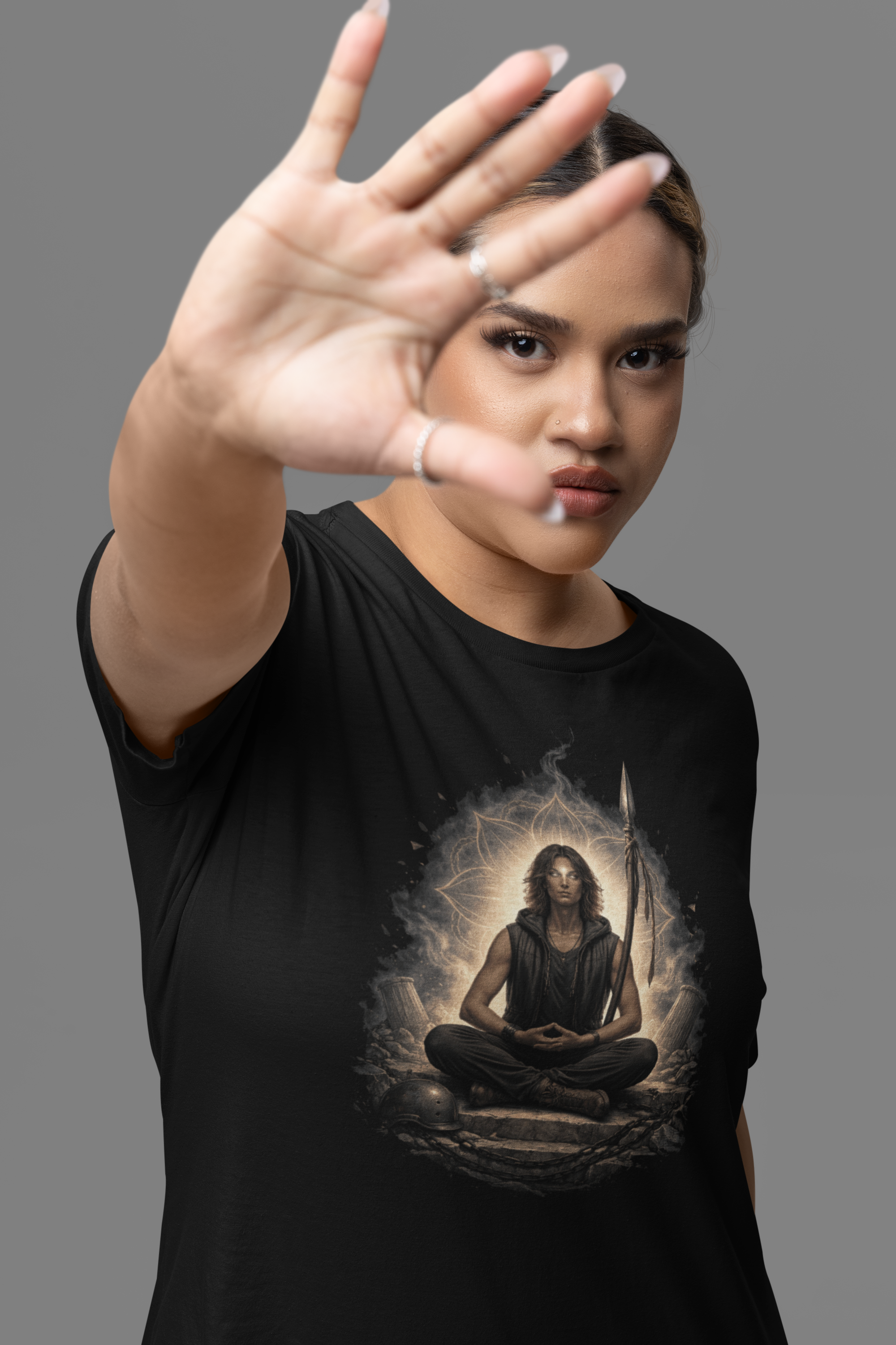 Meditating Warrior Illustration Tee | Spiritual Yoga Graphic T-Shirt | Stillness in a storm product thumbnail image