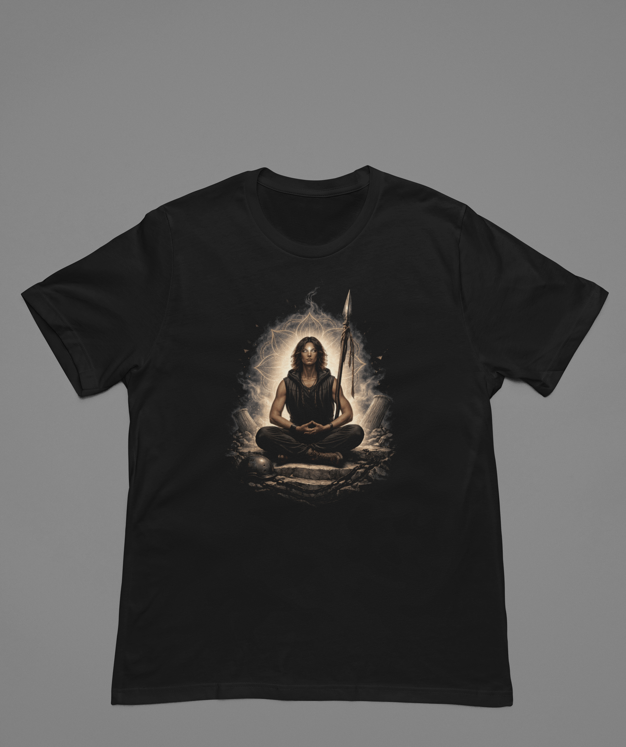 Meditating Warrior Illustration Tee | Spiritual Yoga Graphic T-Shirt | Stillness in a storm product thumbnail image