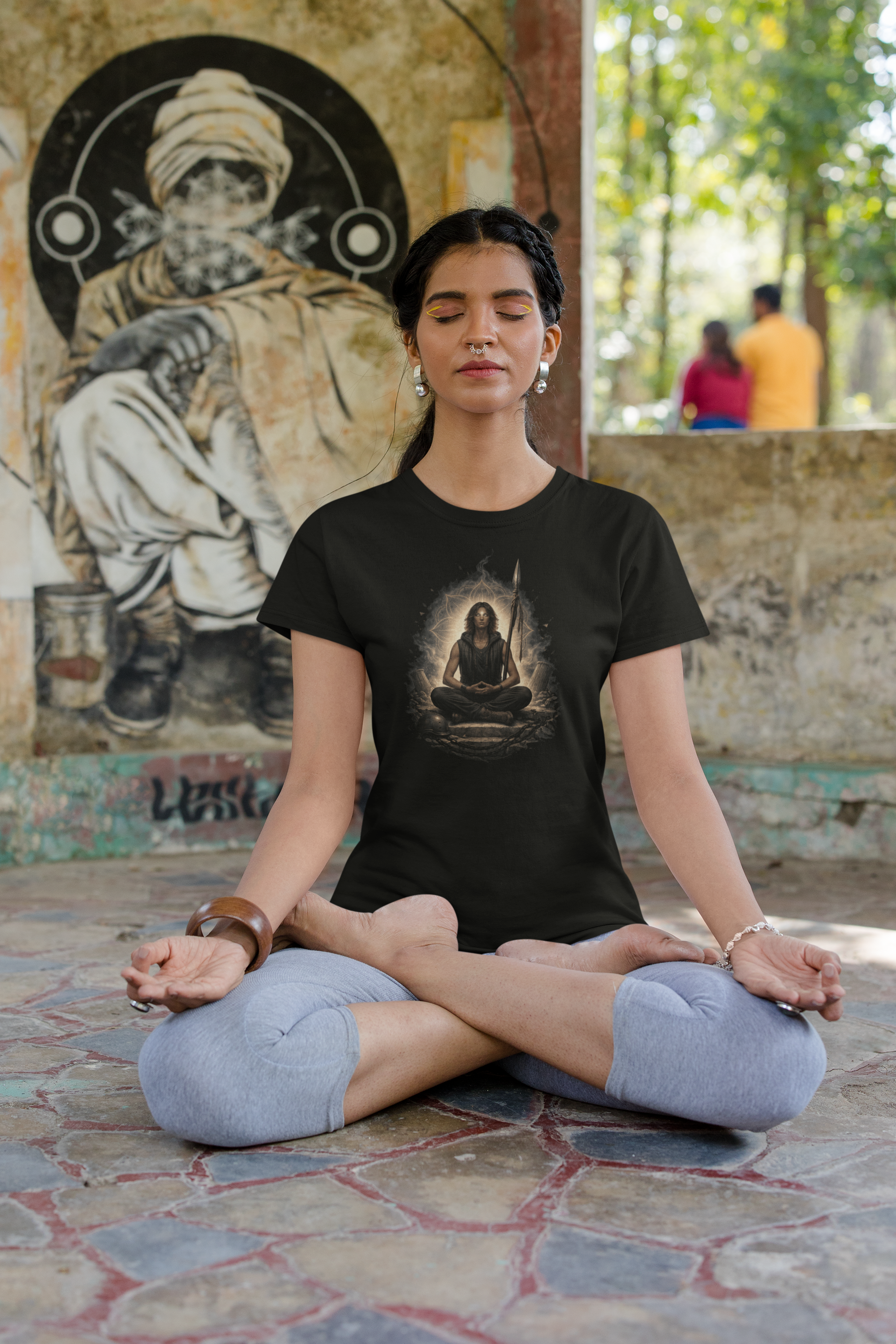 Meditating Warrior Illustration Tee | Spiritual Yoga Graphic T-Shirt | Stillness in a storm product thumbnail image
