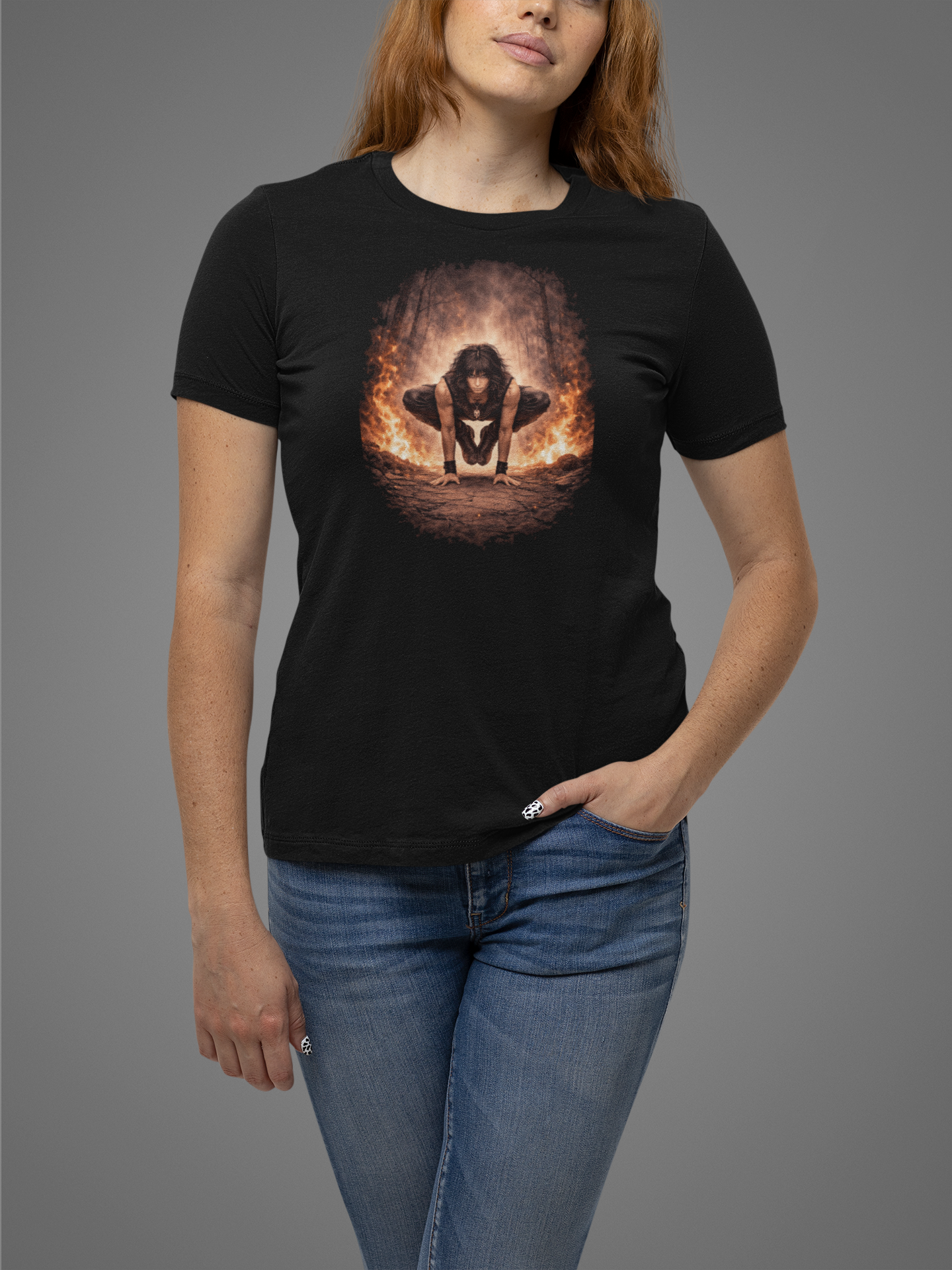 Bakasana Crow Pose Metal Yoga Shirt Focused Balance in Fire product thumbnail image Bakasana Crow Pose Metal Yoga Shirt Focused Balance in Fire product thumbnail image