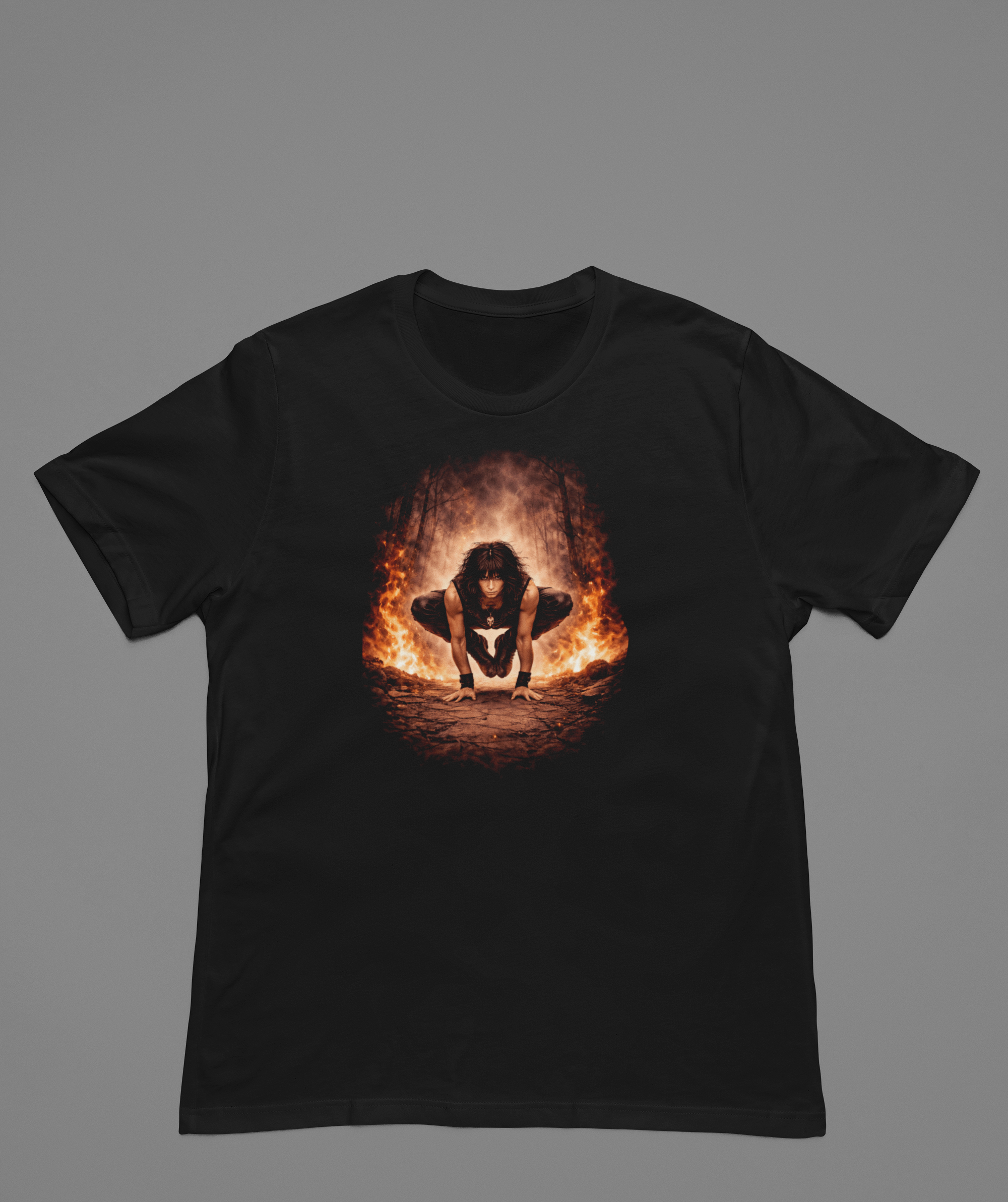 Bakasana Crow Pose Metal Yoga Shirt  Focused Balance in Fire