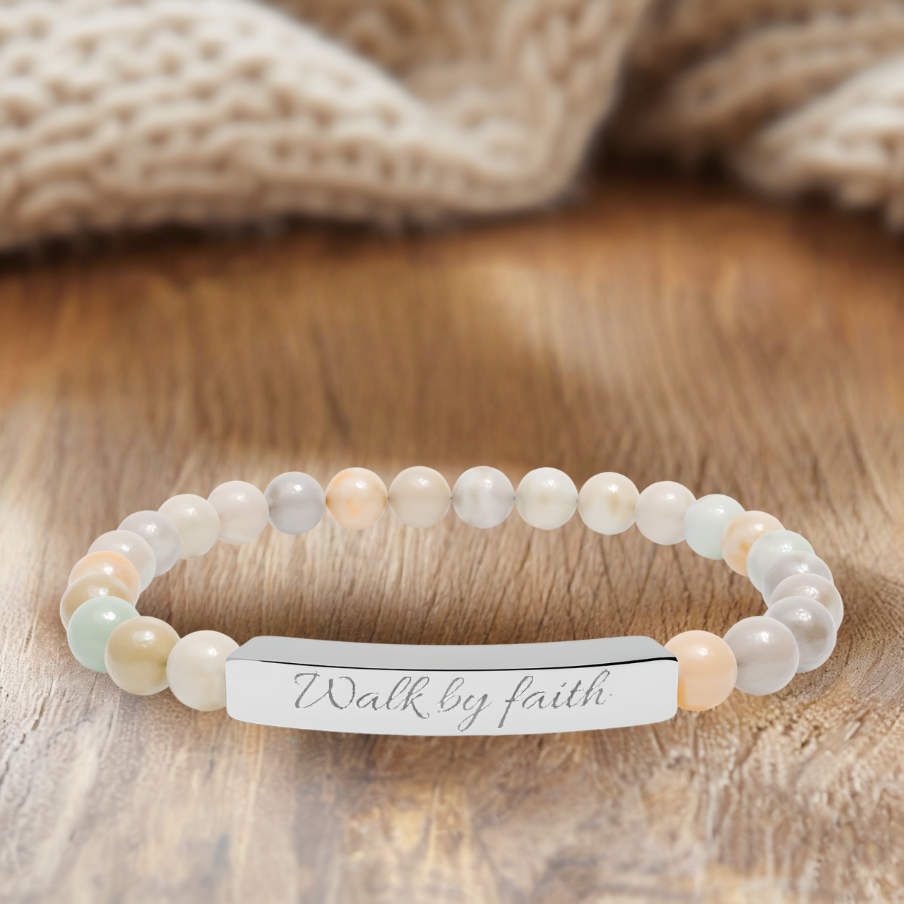 Walk By Faith Christian Stretch Bracelet | Engraved Stainless Steel Bar | Faith Jewelry Gift