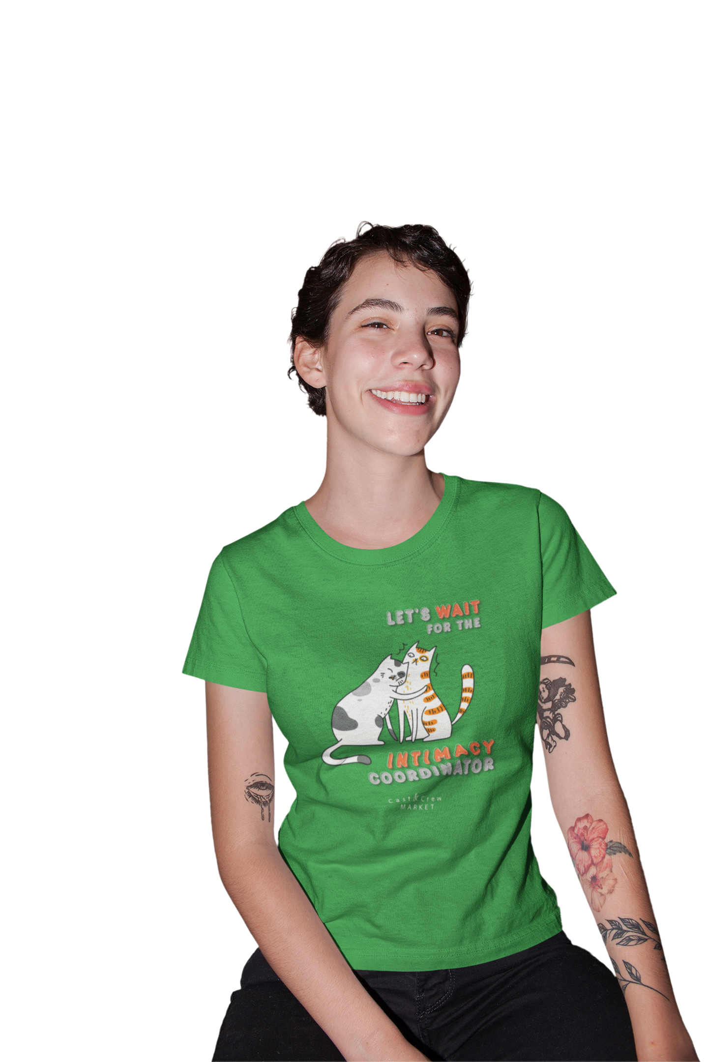 "Let's Wait for the Intimacy Coordinator" Funny Women's T-Shirt — Two Cats Snuggled Up. A Great Gift for Actors, Film or Theater directors, and Anyone on Set. product thumbnail image "Let's Wait for the Intimacy Coordinator" Funny Women's T-Shirt — Two Cats Snuggled Up. A Great Gift for Actors, Film or Theater directors, and Anyone on Set. product thumbnail image