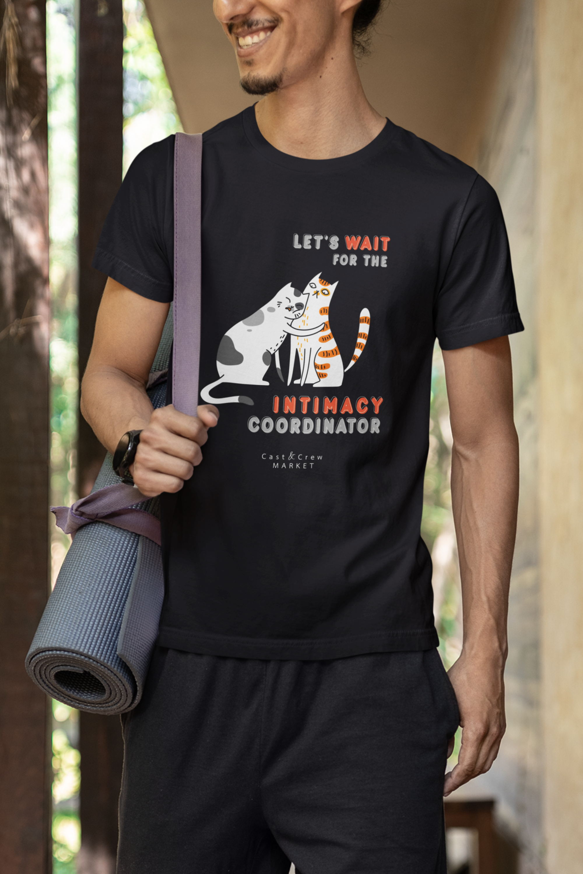 "Let's Wait for the Intimacy Coordinator" Unisex Women's T-Shirt — Two Cats Snuggled Up. A Great Gift for Actors, Film or Theater directors, and Anyone on Set.