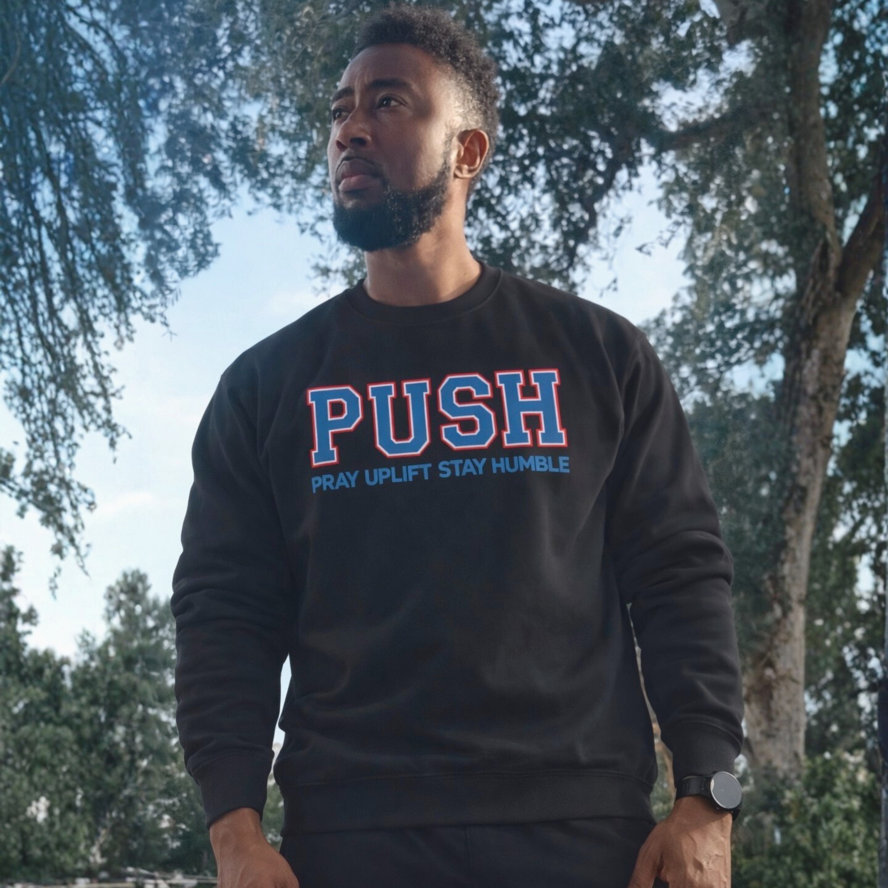 Unisex "PUSH" Blue/Red/Jet Black Sweatshirt product thumbnail image Unisex "PUSH" Blue/Red/Jet Black Sweatshirt product thumbnail image