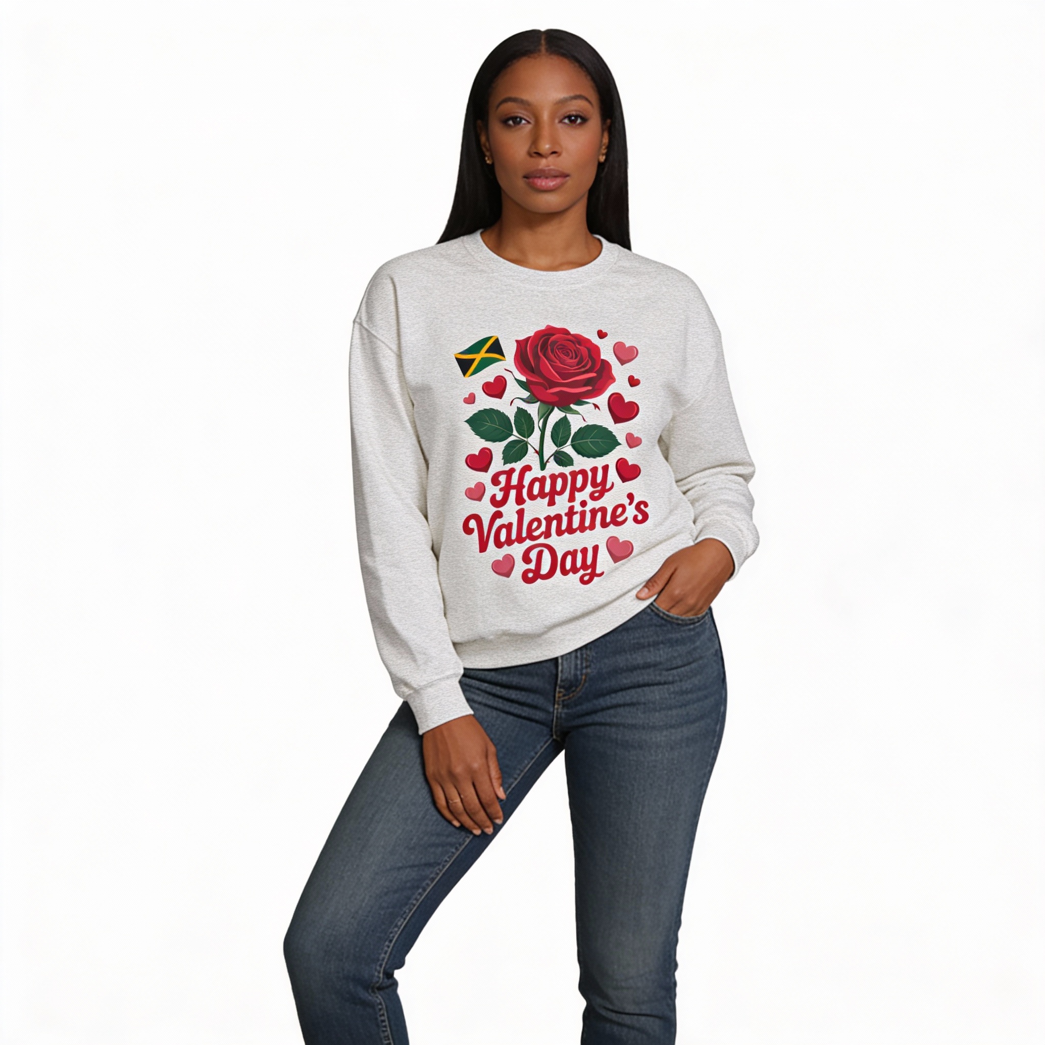 Sweatshirt — Rose & Hearts "Happy Valentine's Day" Design - Jamaican Flag Accent product thumbnail image Sweatshirt — Rose & Hearts "Happy Valentine's Day" Design - Jamaican Flag Accent product thumbnail image