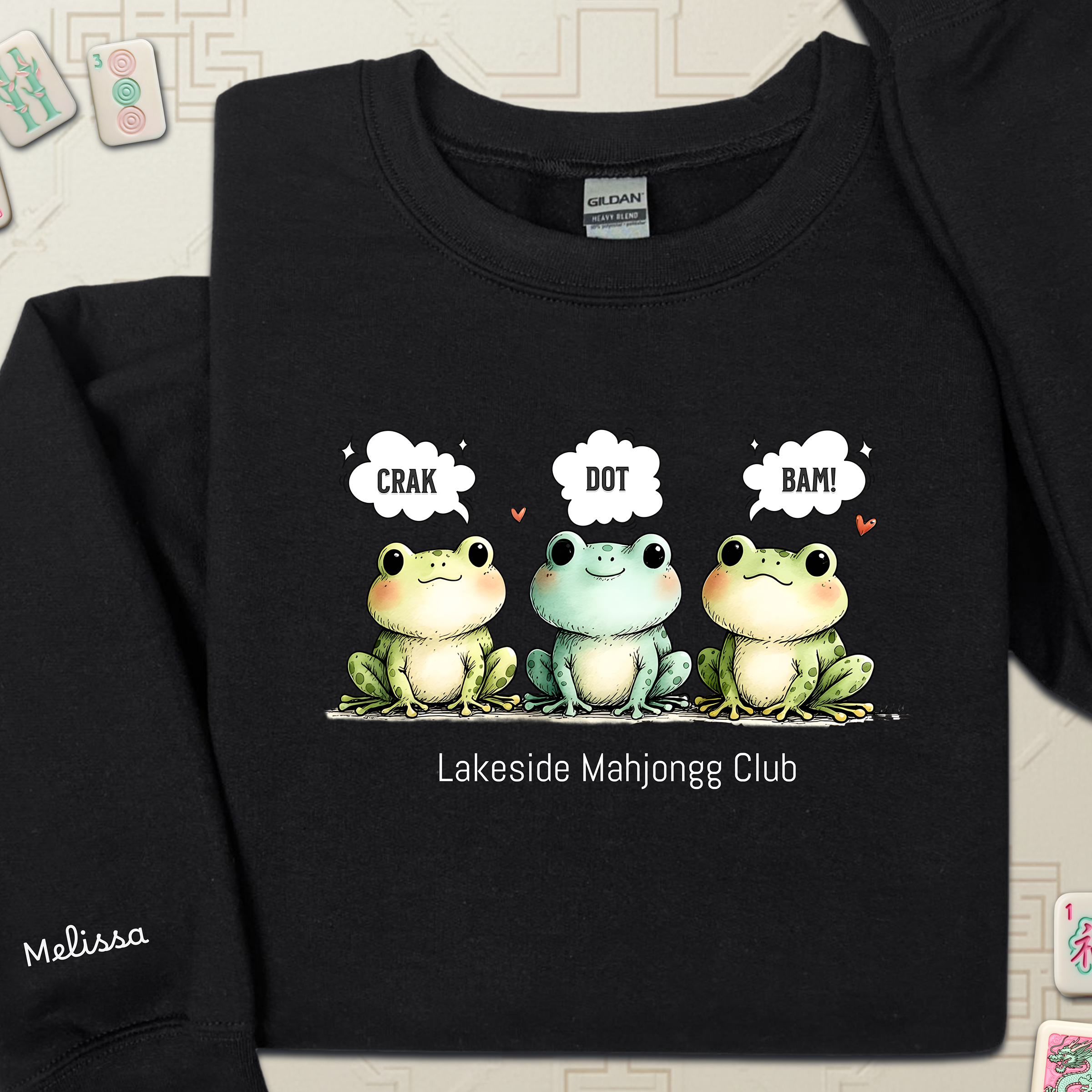 Froggy Crak Dot Bam Sweatshirt – Custom American Mahjong Club Pullover with Personalized Name on Chest and Sleeve, Unisex Heavy Blend™ Crewneck Gildan 18000Sweatshirt product thumbnail image Froggy Crak Dot Bam Sweatshirt – Custom American Mahjong Club Pullover with Personalized Name on Chest and Sleeve, Unisex Heavy Blend™ Crewneck Gildan 18000Sweatshirt product thumbnail image