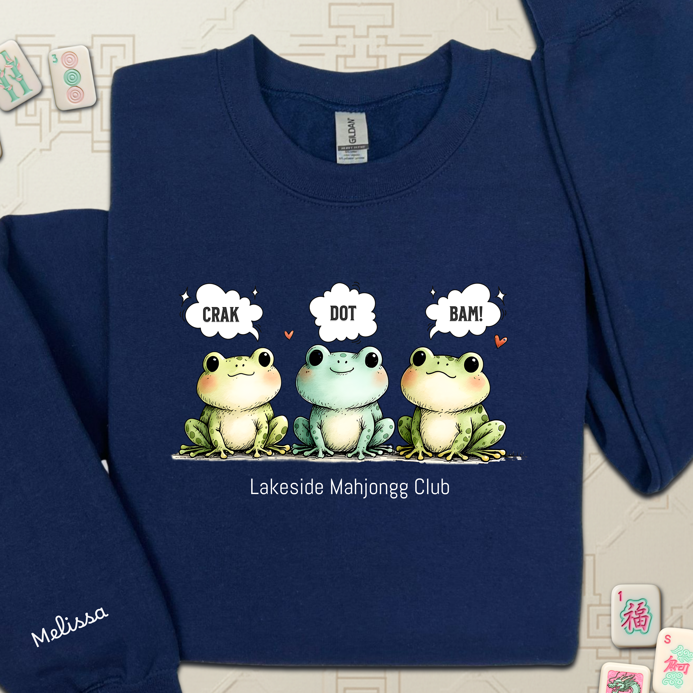 Froggy Crak Dot Bam Sweatshirt – Custom American Mahjong Club Pullover with Personalized Name on Chest and Sleeve, Unisex Heavy Blend™ Crewneck Gildan 18000Sweatshirt product thumbnail image Froggy Crak Dot Bam Sweatshirt – Custom American Mahjong Club Pullover with Personalized Name on Chest and Sleeve, Unisex Heavy Blend™ Crewneck Gildan 18000Sweatshirt product thumbnail image