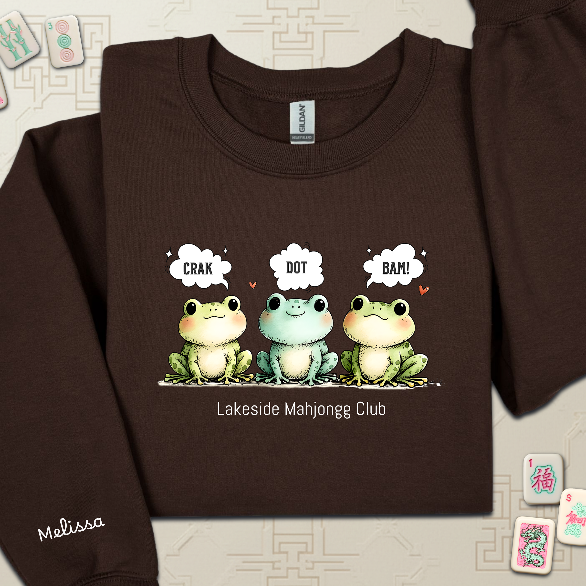 Froggy Crak Dot Bam Sweatshirt – Custom American Mahjong Club Pullover with Personalized Name on Chest and Sleeve, Unisex Heavy Blend™ Crewneck Gildan 18000Sweatshirt product thumbnail image Froggy Crak Dot Bam Sweatshirt – Custom American Mahjong Club Pullover with Personalized Name on Chest and Sleeve, Unisex Heavy Blend™ Crewneck Gildan 18000Sweatshirt product thumbnail image