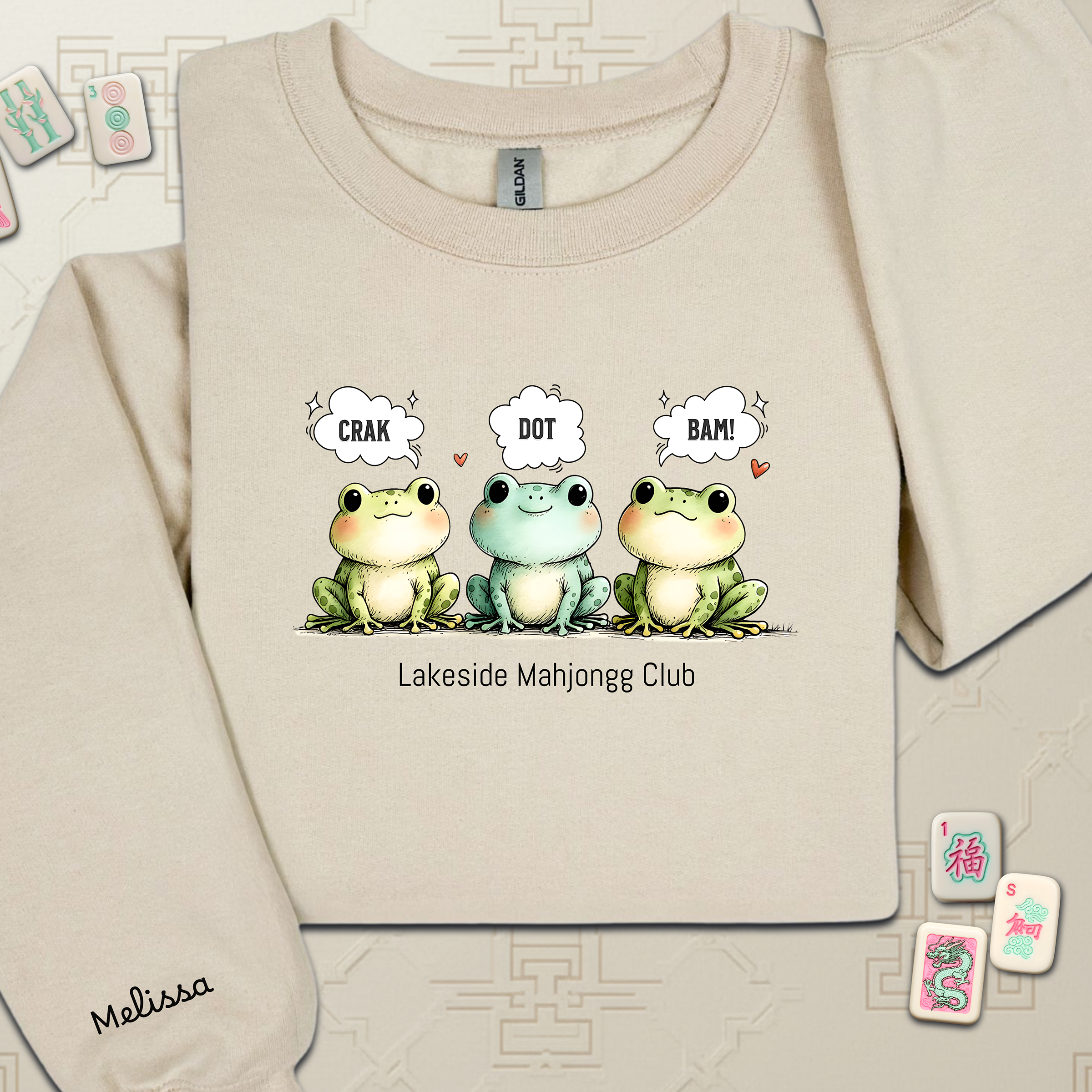 Froggy Crak Dot Bam Sweatshirt – Custom American Mahjong Club Pullover with Personalized Name on Chest and Sleeve, Unisex Heavy Blend™ Crewneck Gildan 18000Sweatshirt product thumbnail image Froggy Crak Dot Bam Sweatshirt – Custom American Mahjong Club Pullover with Personalized Name on Chest and Sleeve, Unisex Heavy Blend™ Crewneck Gildan 18000Sweatshirt product thumbnail image