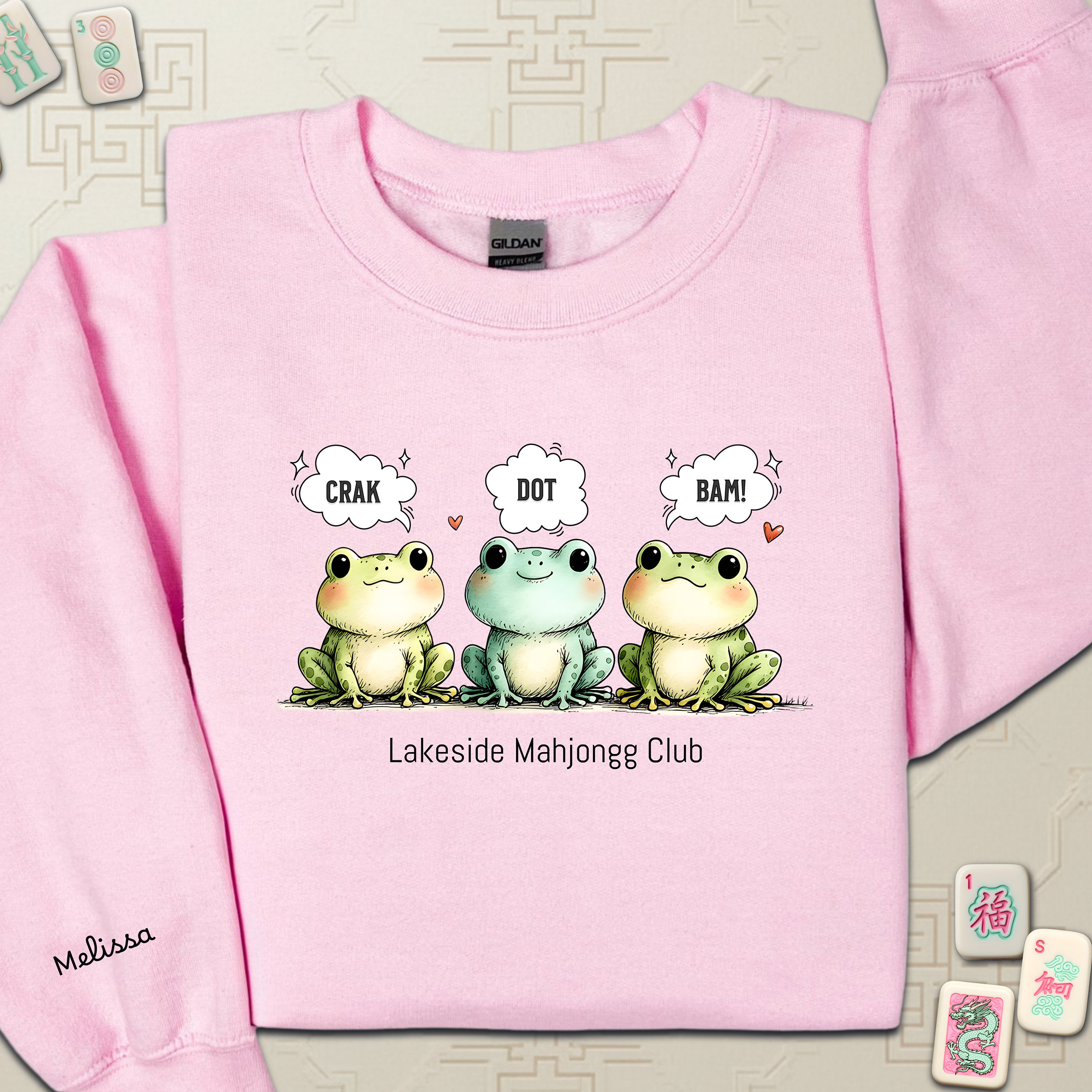 Froggy Crak Dot Bam Sweatshirt – Custom American Mahjong Club Pullover with Personalized Name on Chest and Sleeve, Unisex Heavy Blend™ Crewneck Gildan 18000Sweatshirt product thumbnail image Froggy Crak Dot Bam Sweatshirt – Custom American Mahjong Club Pullover with Personalized Name on Chest and Sleeve, Unisex Heavy Blend™ Crewneck Gildan 18000Sweatshirt product thumbnail image
