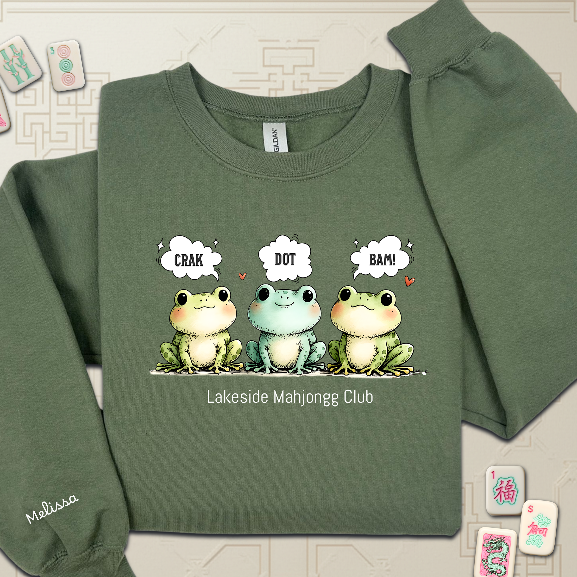 Froggy Crak Dot Bam Sweatshirt – Custom American Mahjong Club Pullover with Personalized Name on Chest and Sleeve, Unisex Heavy Blend™ Crewneck Gildan 18000Sweatshirt product thumbnail image Froggy Crak Dot Bam Sweatshirt – Custom American Mahjong Club Pullover with Personalized Name on Chest and Sleeve, Unisex Heavy Blend™ Crewneck Gildan 18000Sweatshirt product thumbnail image