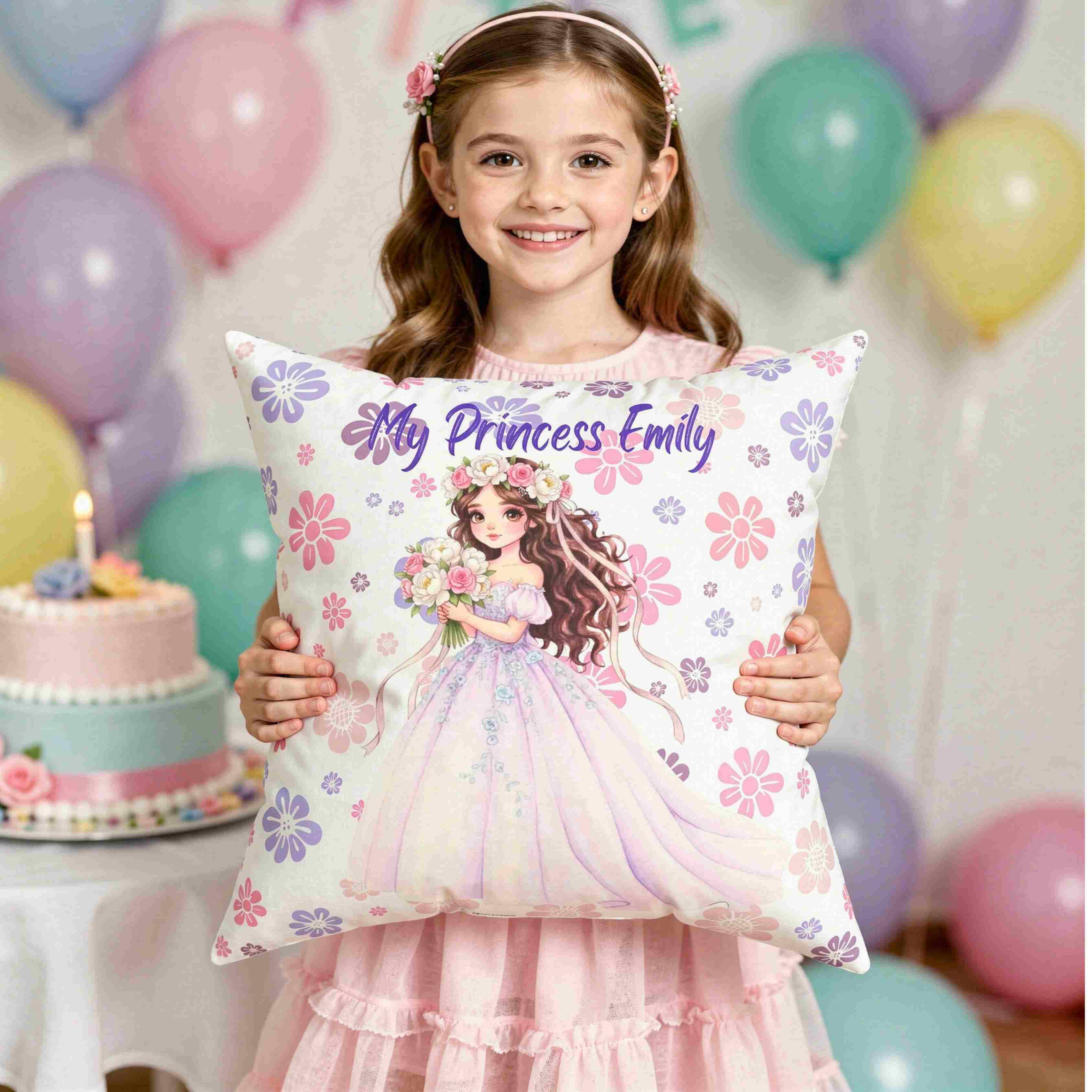 Princess Bride Illustration Pillow | Pink Blue Floral Ballgown Throw Cushion product thumbnail image