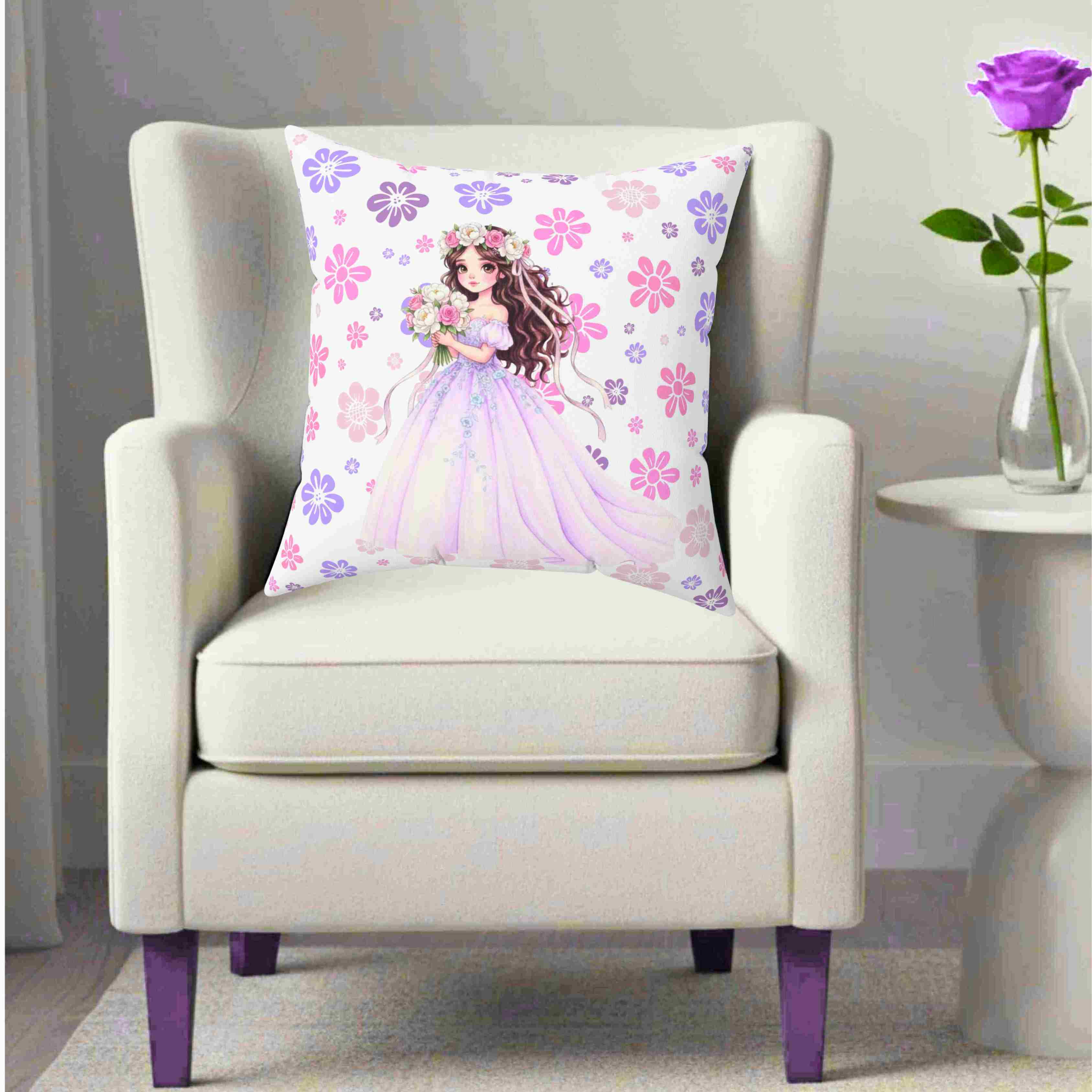 Princess Bride Illustration Pillow | Pink Blue Floral Ballgown Throw Cushion product thumbnail image Princess Bride Illustration Pillow | Pink Blue Floral Ballgown Throw Cushion product thumbnail image