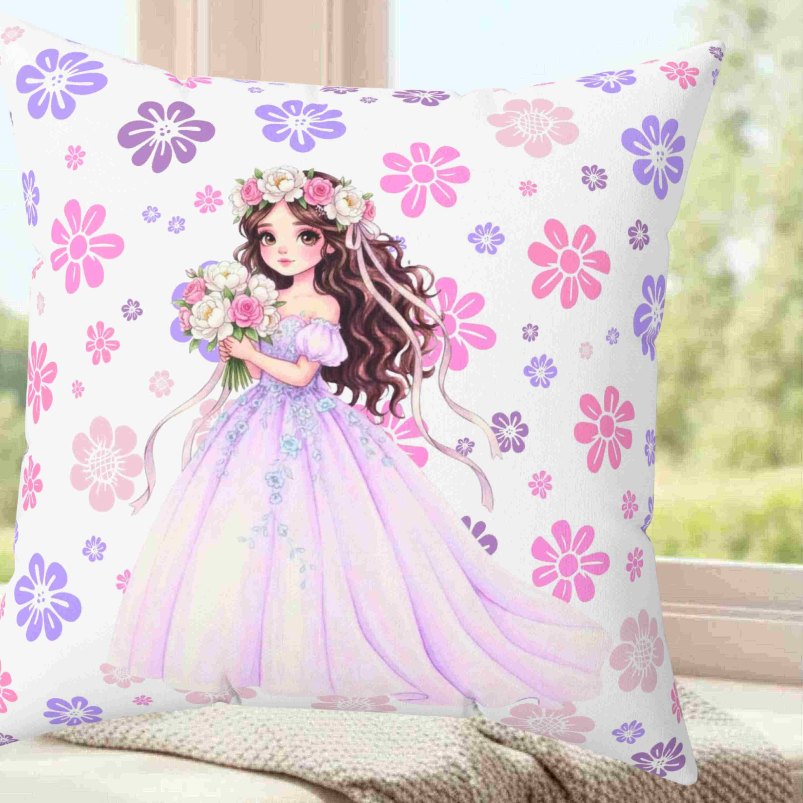 Princess Bride Illustration Pillow | Pink Blue Floral Ballgown Throw Cushion product thumbnail image