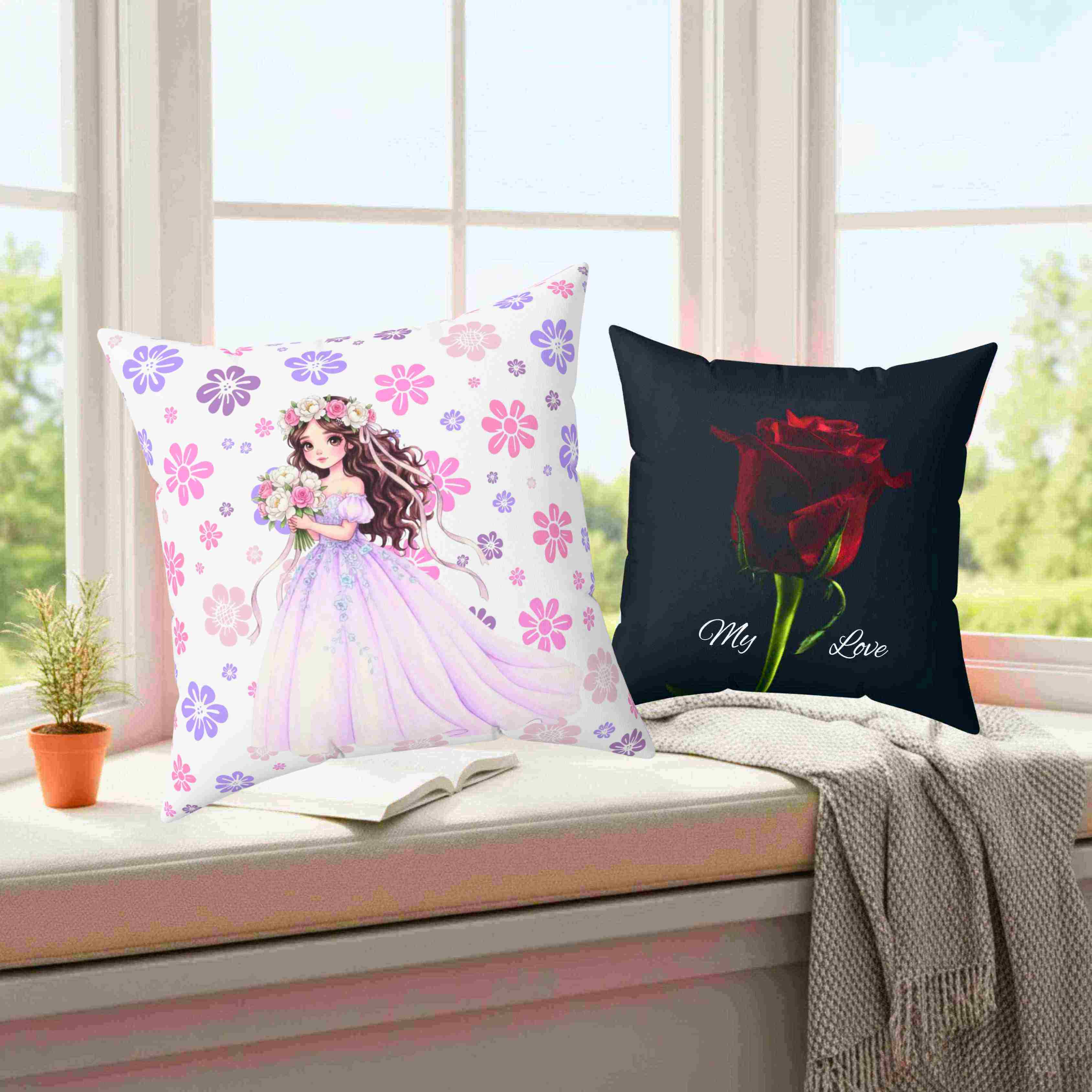 Princess Bride Illustration Pillow | Pink Blue Floral Ballgown Throw Cushion product thumbnail image