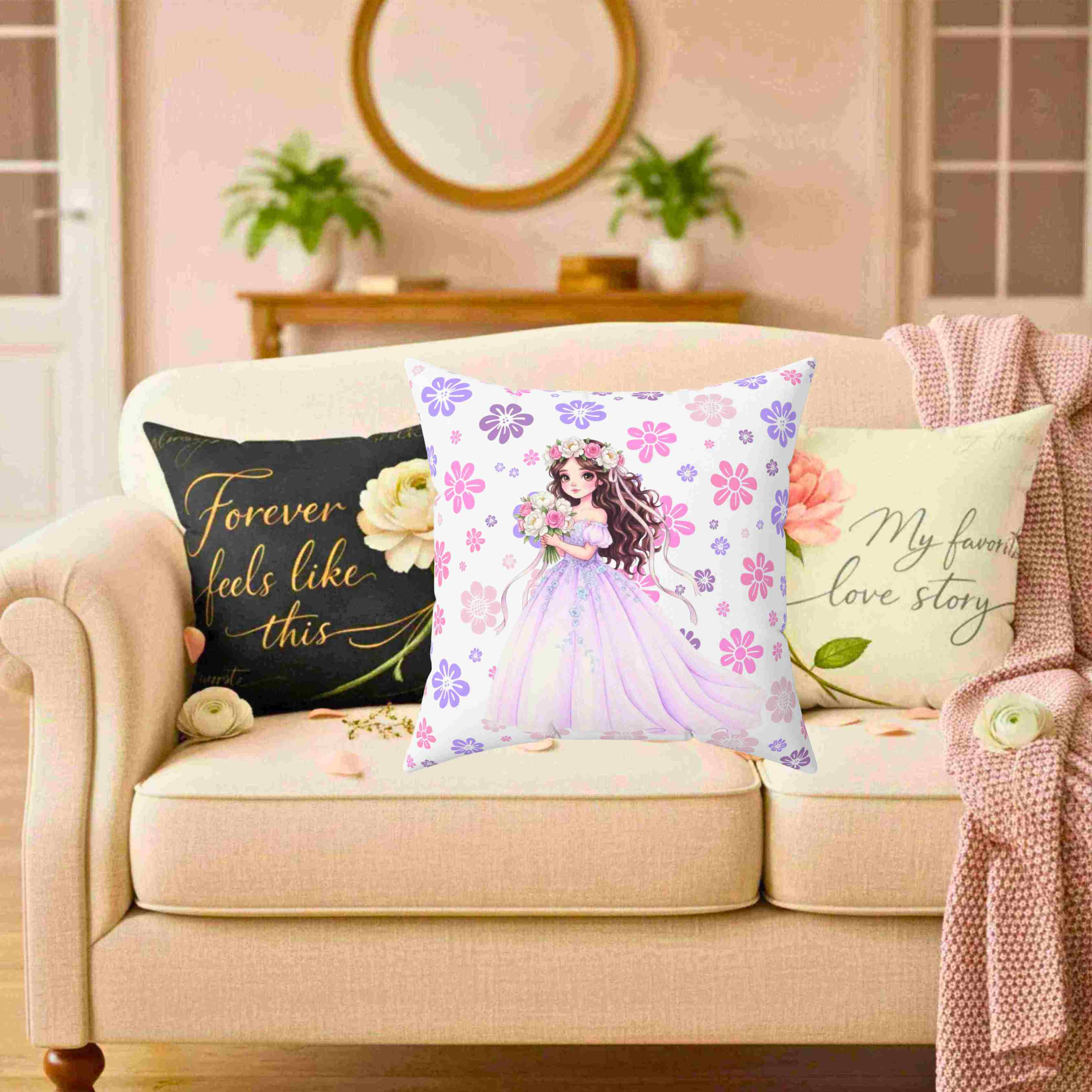 Princess Bride Illustration Pillow | Pink Blue Floral Ballgown Throw Cushion product thumbnail image Princess Bride Illustration Pillow | Pink Blue Floral Ballgown Throw Cushion product thumbnail image