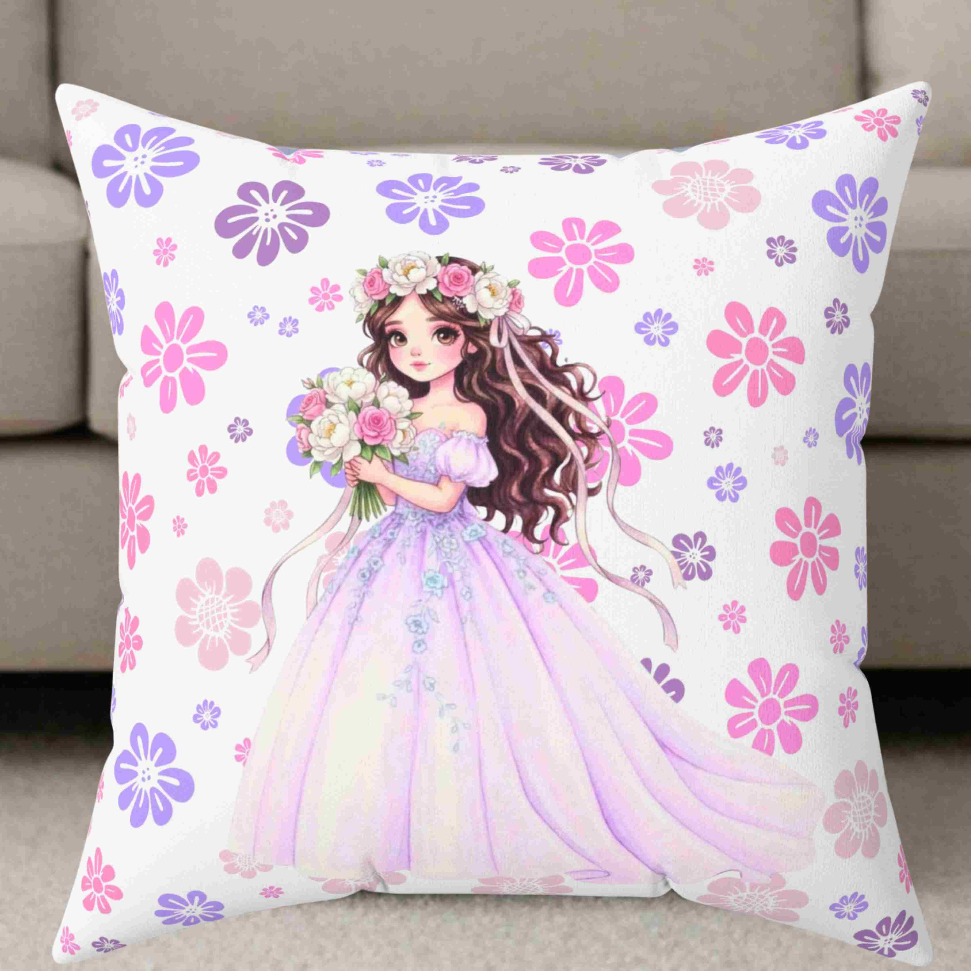 Princess Bride Illustration Pillow | Pink Blue Floral Ballgown Throw Cushion product thumbnail image Princess Bride Illustration Pillow | Pink Blue Floral Ballgown Throw Cushion product thumbnail image