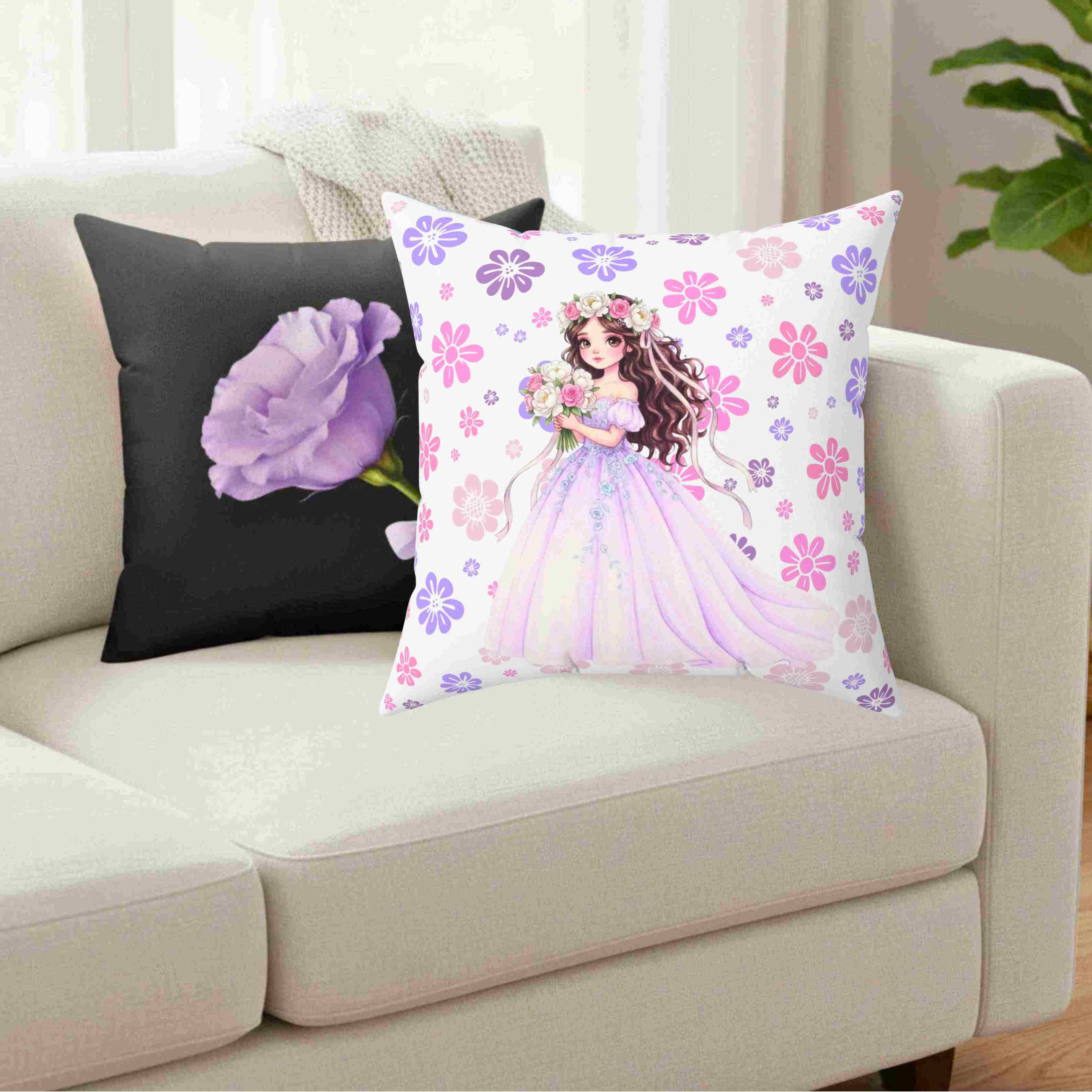 Princess Bride Illustration Pillow | Pink Blue Floral Ballgown Throw Cushion product thumbnail image
