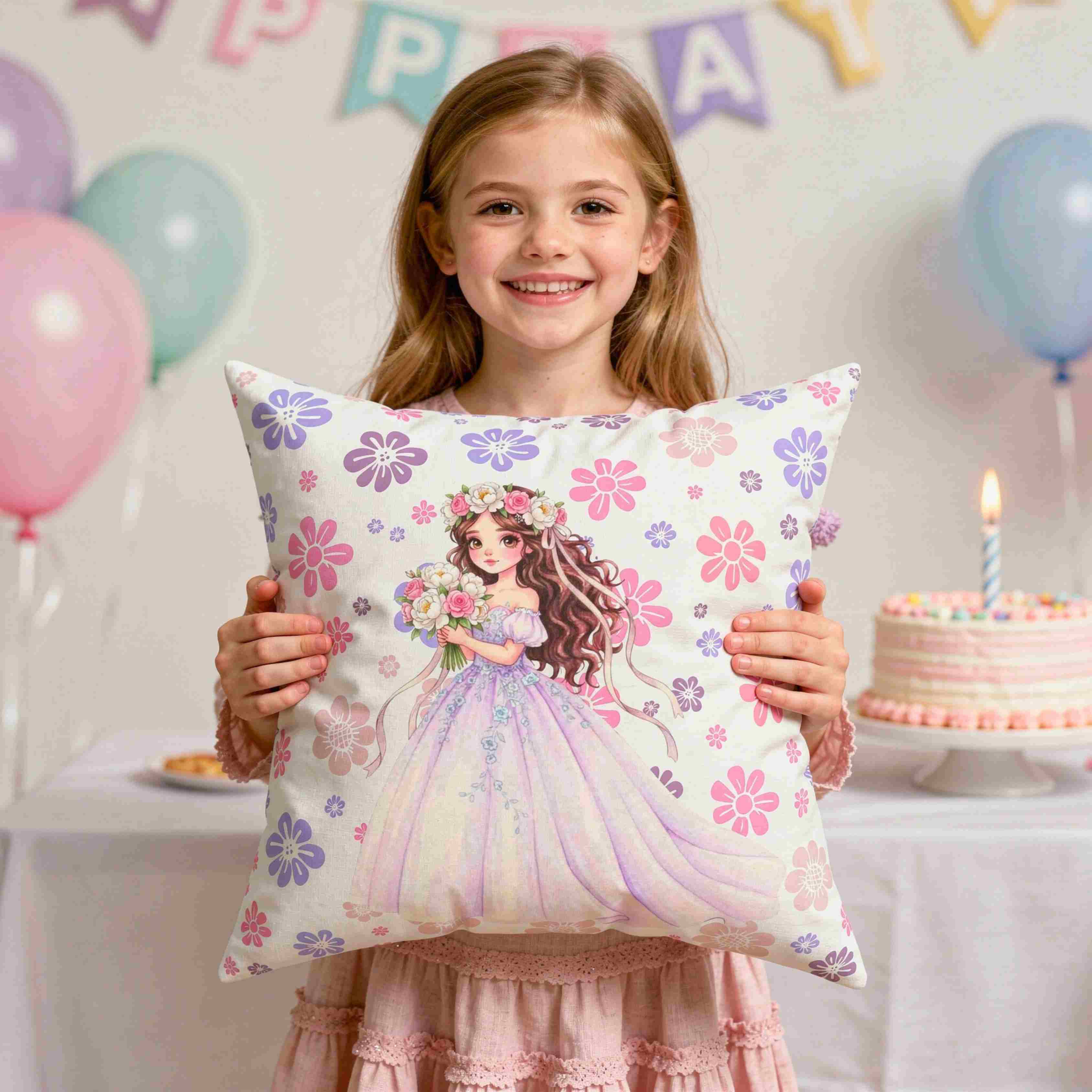 Princess Bride Illustration Pillow | Pink Blue Floral Ballgown Throw Cushion product thumbnail image