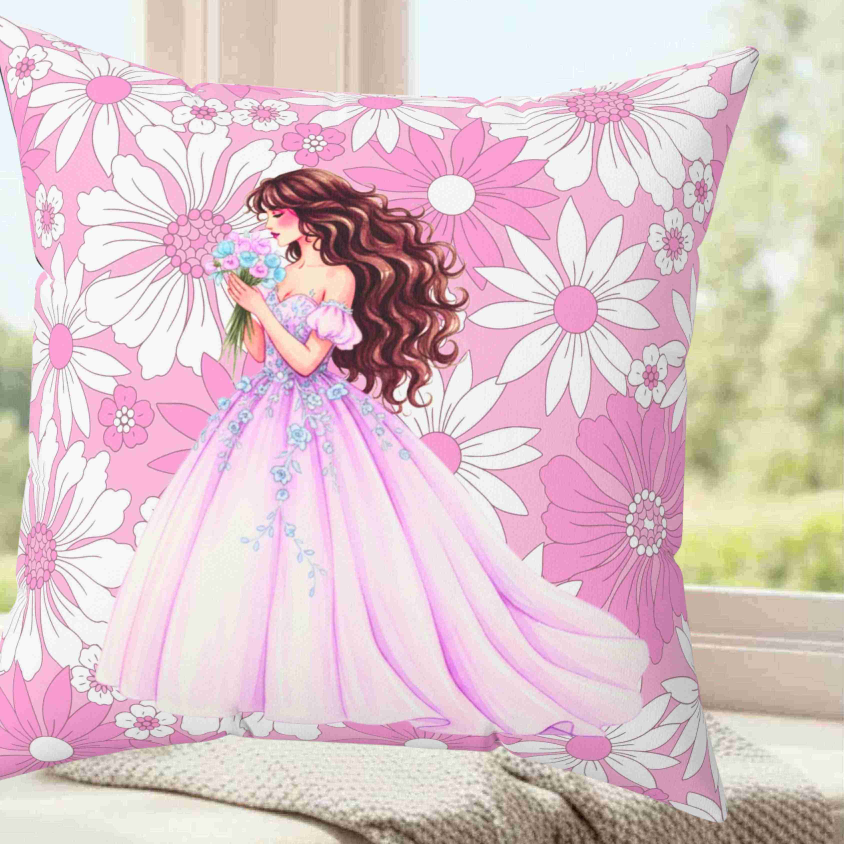 Floral Princess Illustration Pillow | Bedroom Decor, Pink Purple Flower Pattern Cushion product thumbnail image