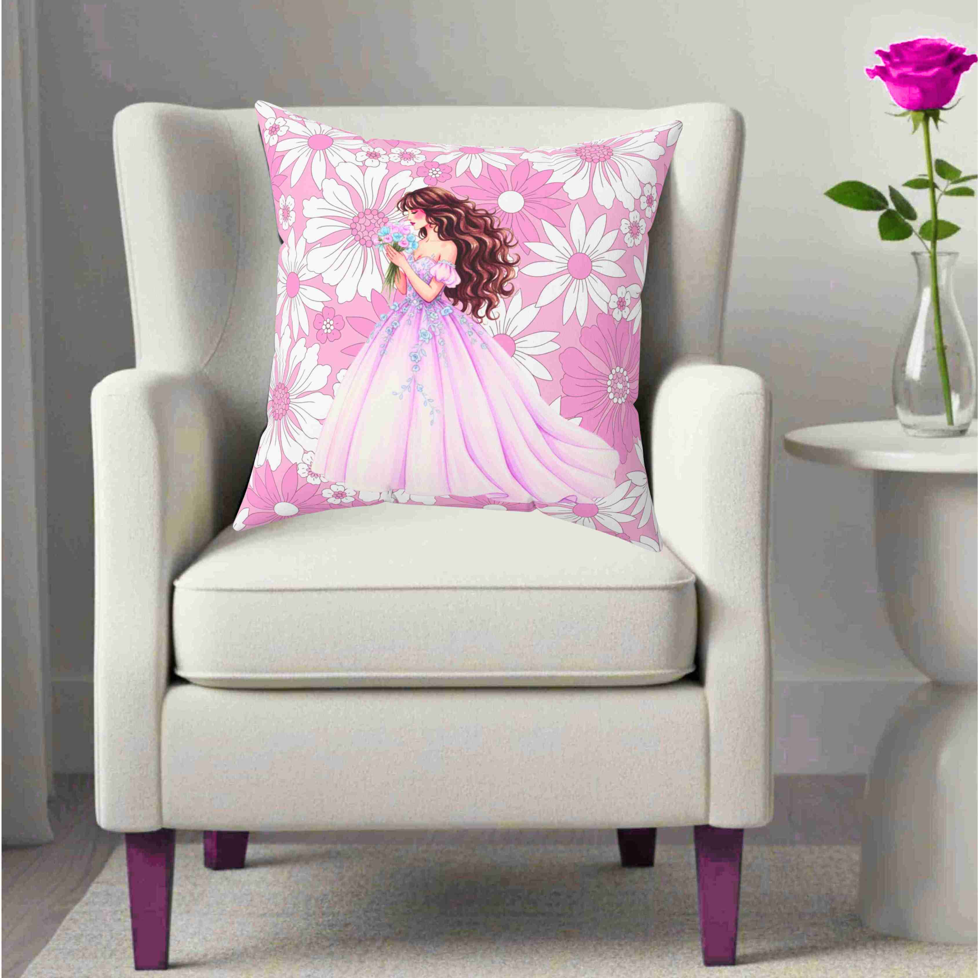 Floral Princess Illustration Pillow | Bedroom Decor, Pink Purple Flower Pattern Cushion product thumbnail image