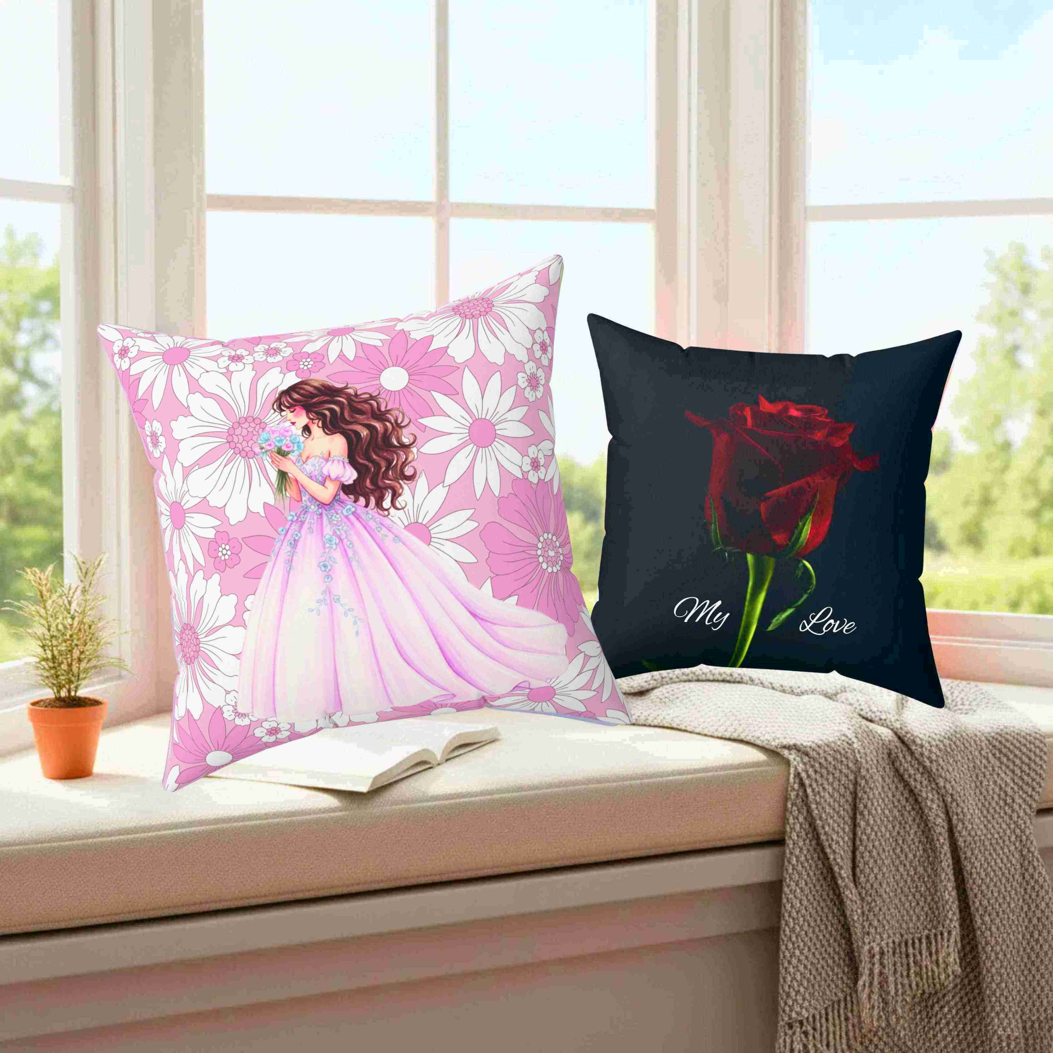 Floral Princess Illustration Pillow | Bedroom Decor, Pink Purple Flower Pattern Cushion product thumbnail image