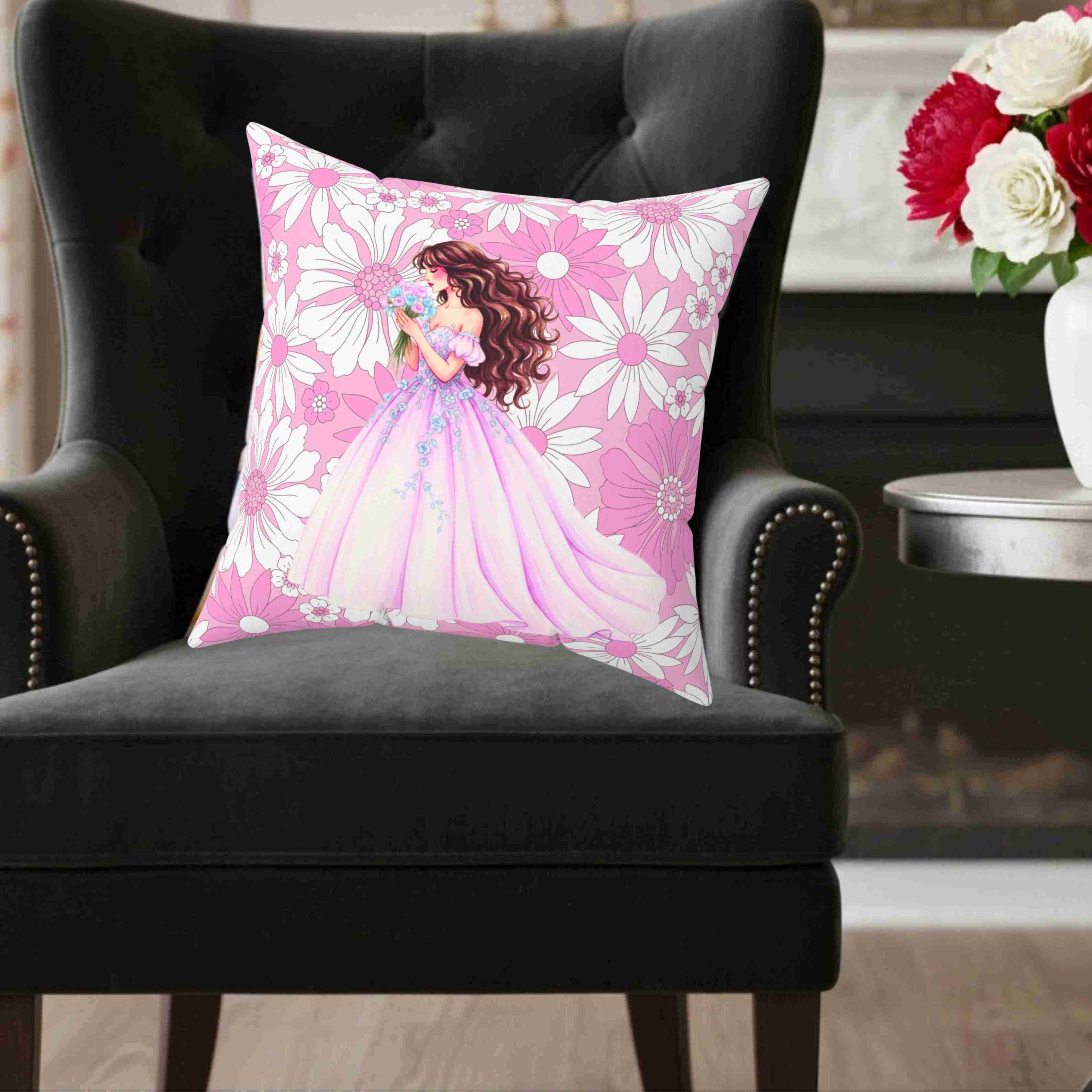 Floral Princess Illustration Pillow | Bedroom Decor, Pink Purple Flower Pattern Cushion product thumbnail image Floral Princess Illustration Pillow | Bedroom Decor, Pink Purple Flower Pattern Cushion product thumbnail image