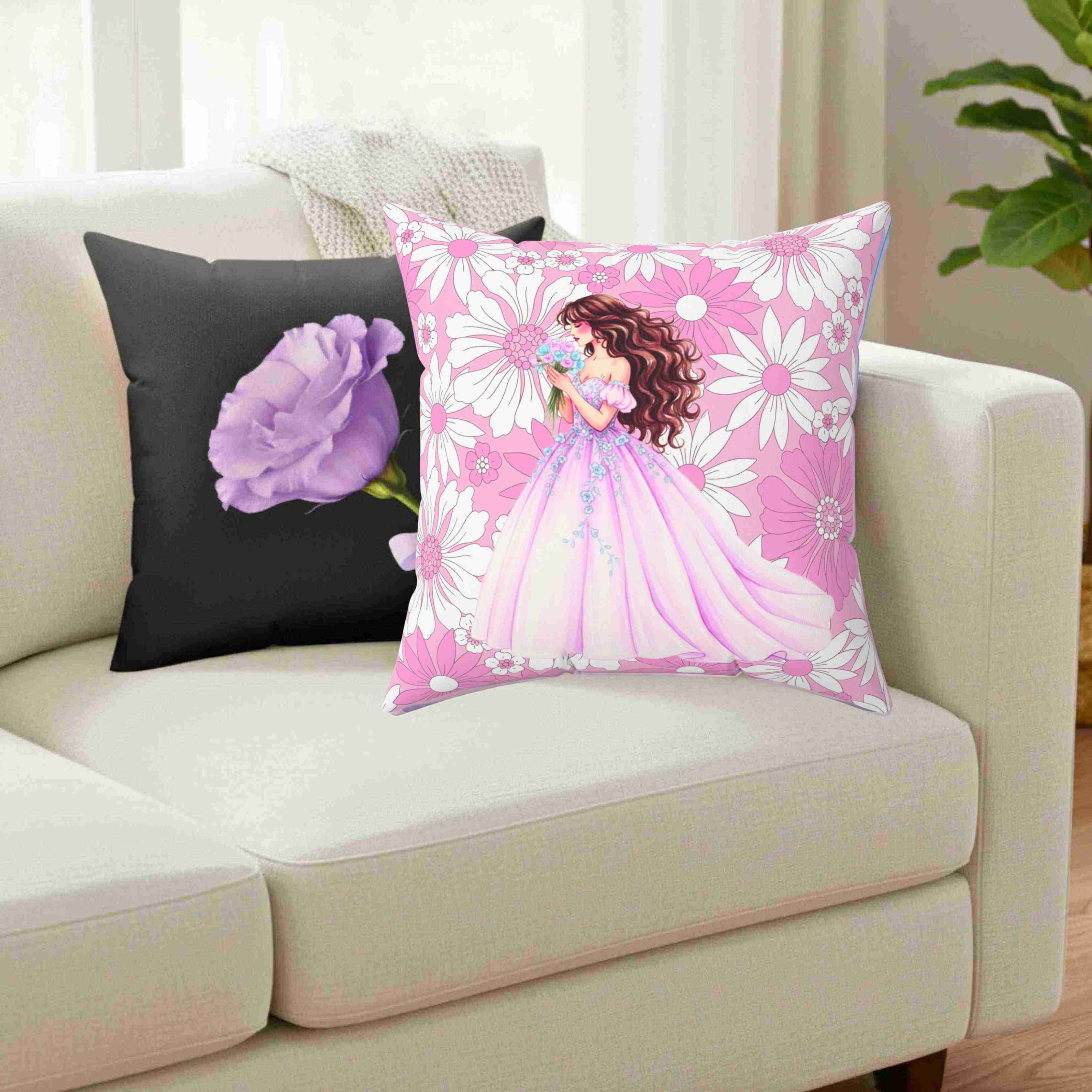 Floral Princess Illustration Pillow | Bedroom Decor, Pink Purple Flower Pattern Cushion product thumbnail image
