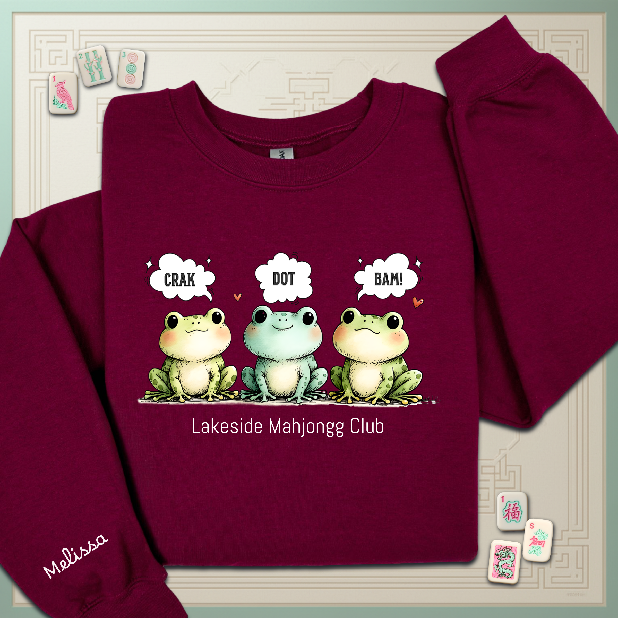 Froggy Crak Dot Bam Sweatshirt – Custom American Mahjong Club Pullover with Personalized Name on Chest and Sleeve, Unisex Heavy Blend™ Crewneck Gildan 18000Sweatshirt product thumbnail image Froggy Crak Dot Bam Sweatshirt – Custom American Mahjong Club Pullover with Personalized Name on Chest and Sleeve, Unisex Heavy Blend™ Crewneck Gildan 18000Sweatshirt product thumbnail image