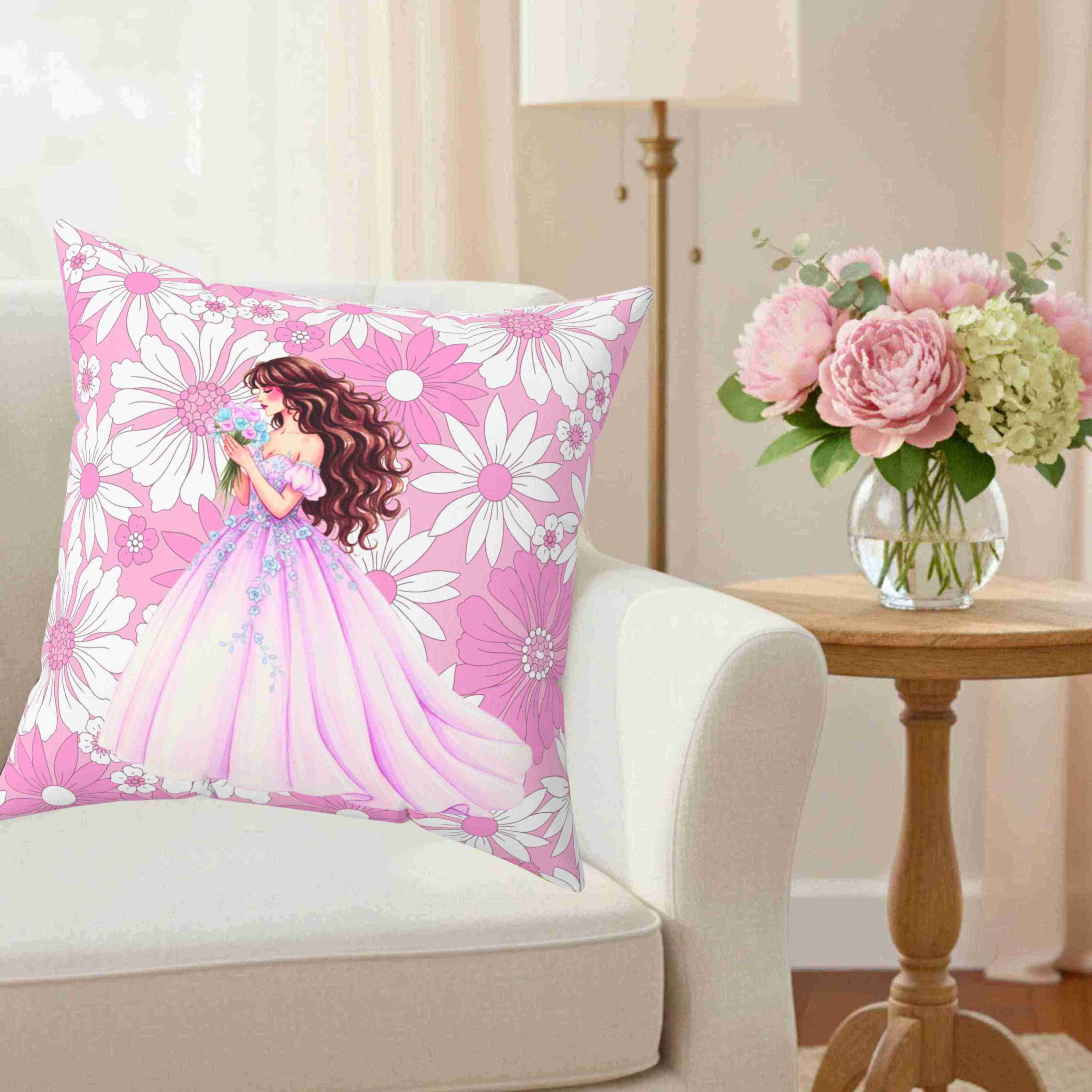 Floral Princess Illustration Pillow | Bedroom Decor, Pink Purple Flower Pattern Cushion product thumbnail image Floral Princess Illustration Pillow | Bedroom Decor, Pink Purple Flower Pattern Cushion product thumbnail image