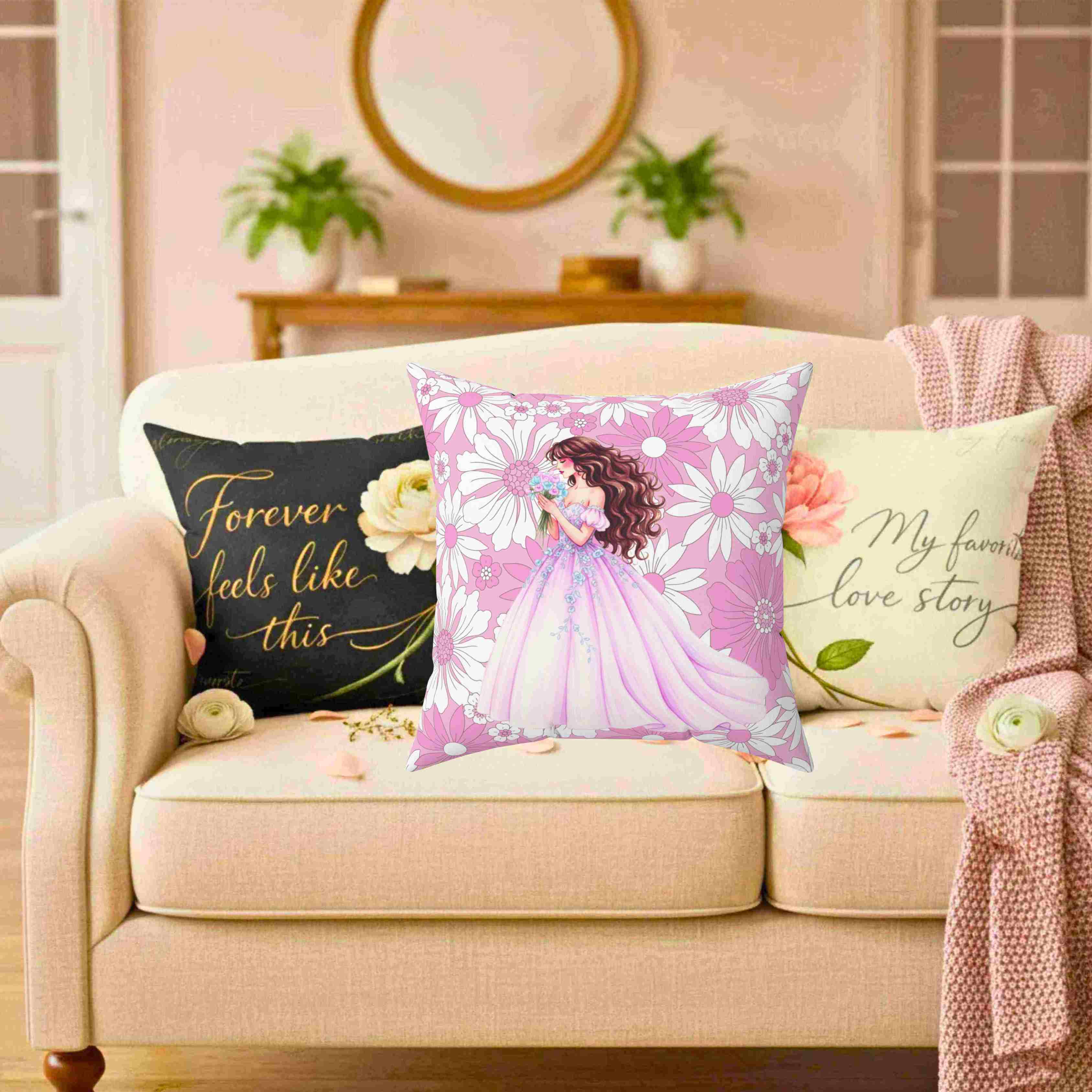 Floral Princess Illustration Pillow | Bedroom Decor, Pink Purple Flower Pattern Cushion product thumbnail image