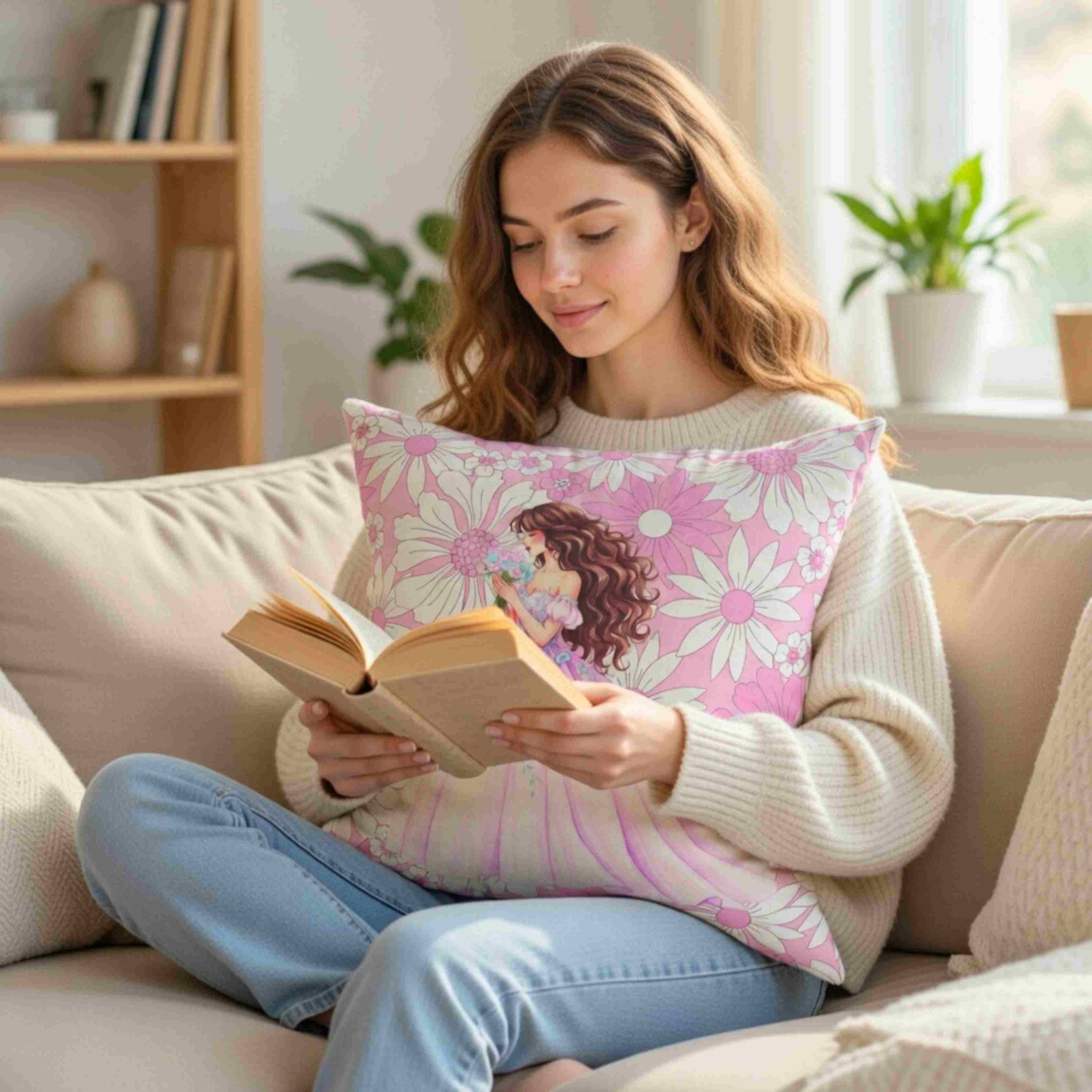 Floral Princess Illustration Pillow | Bedroom Decor, Pink Purple Flower Pattern Cushion product thumbnail image