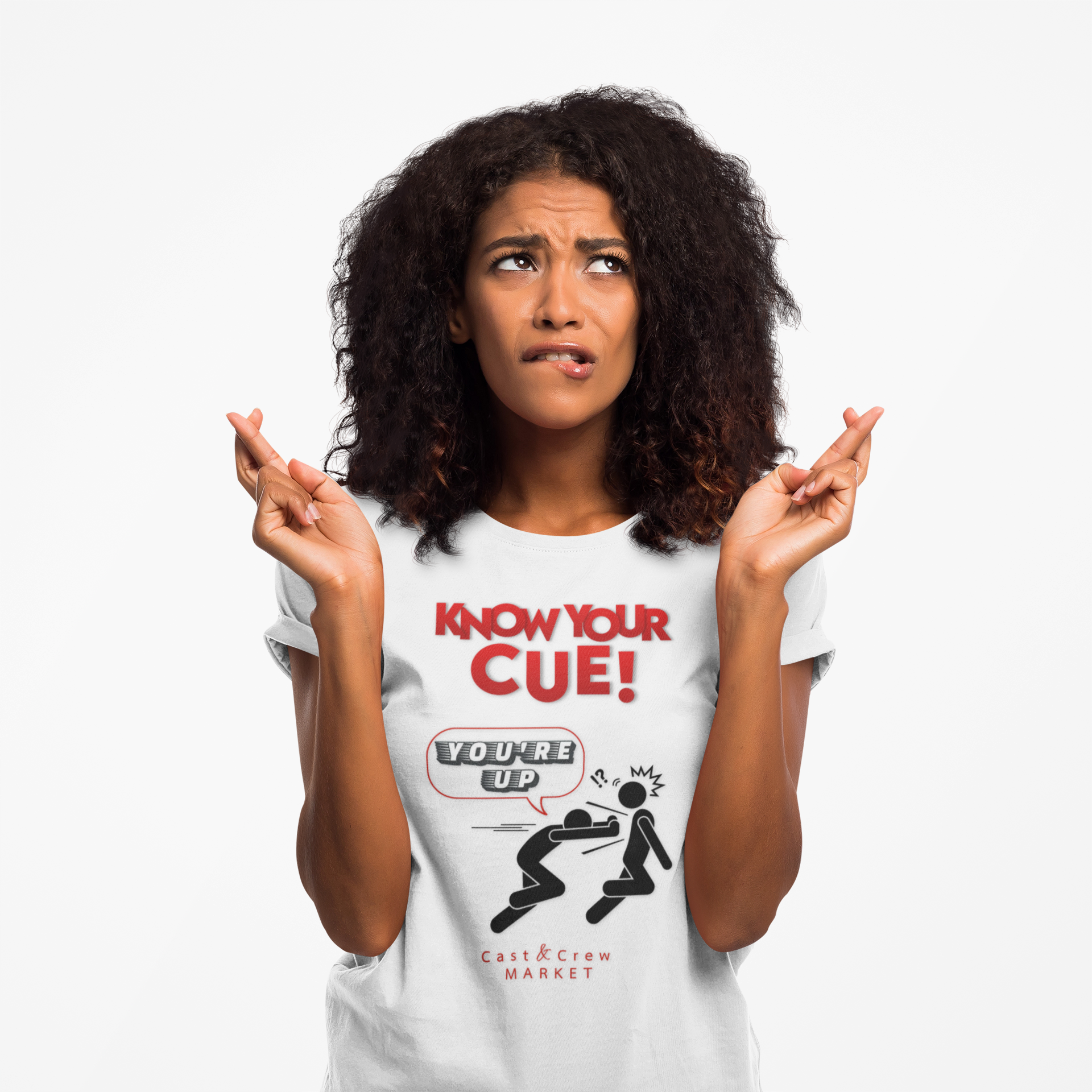 Unisex T-Shirt- "Know Your Cue!" Silhouette of Performer Being Pushed- Funny Graphic Tee | A Perfect Gift For Every Cast and Crew Person 