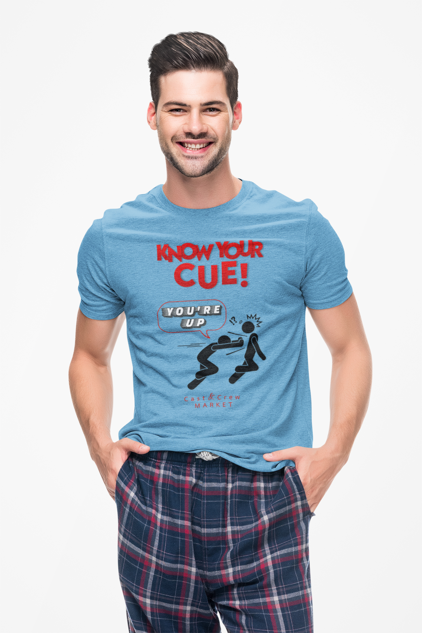 Unisex T-Shirt- "Know Your Cue!" Silhouette of Performer Being Pushed- Funny Graphic Tee | A Perfect Gift For Every Cast and Crew Person  product thumbnail image