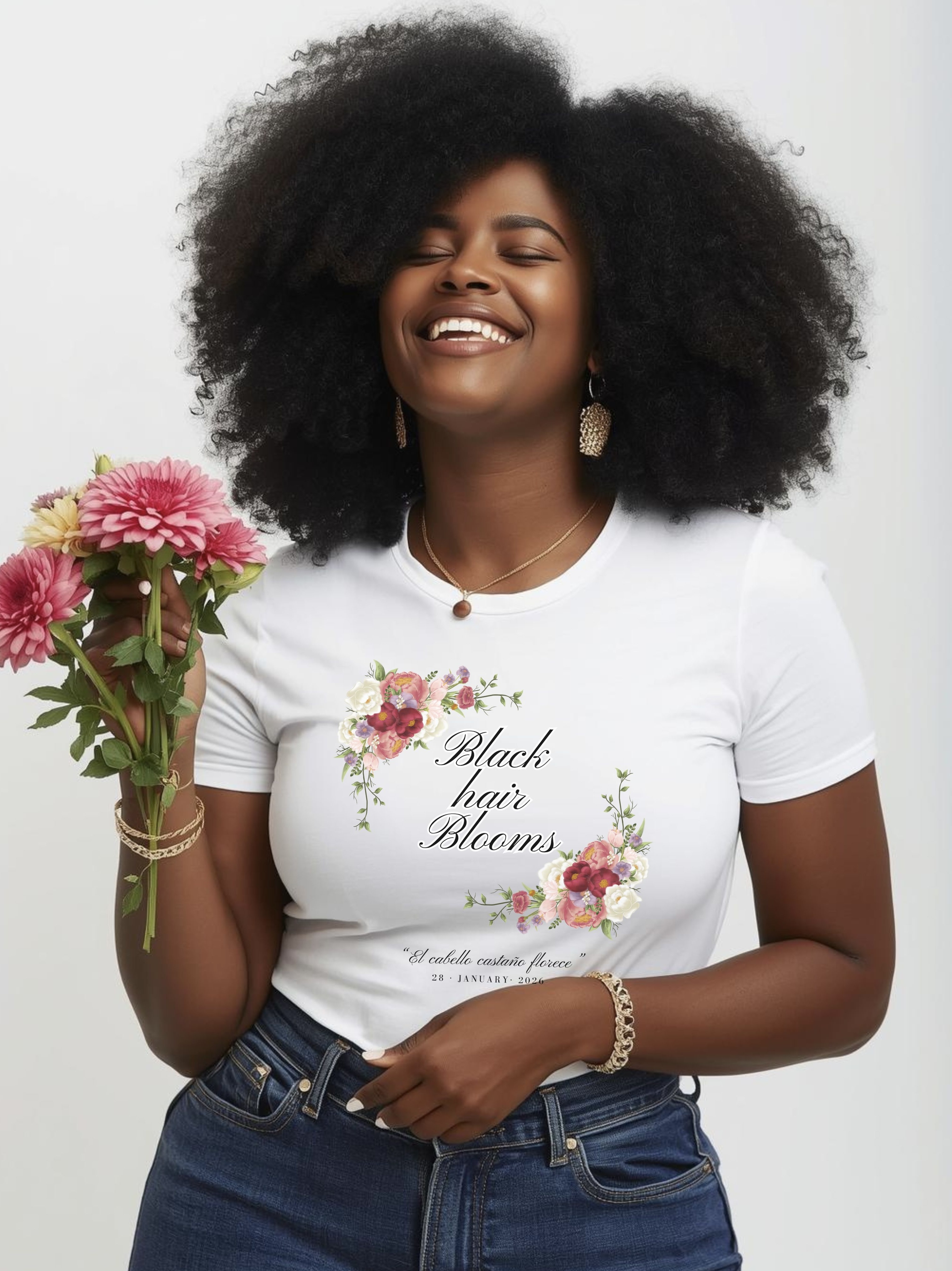Black Hair Empowerment T-Shirt "Black Hair Blooms" Floral Graphic Tee product thumbnail image