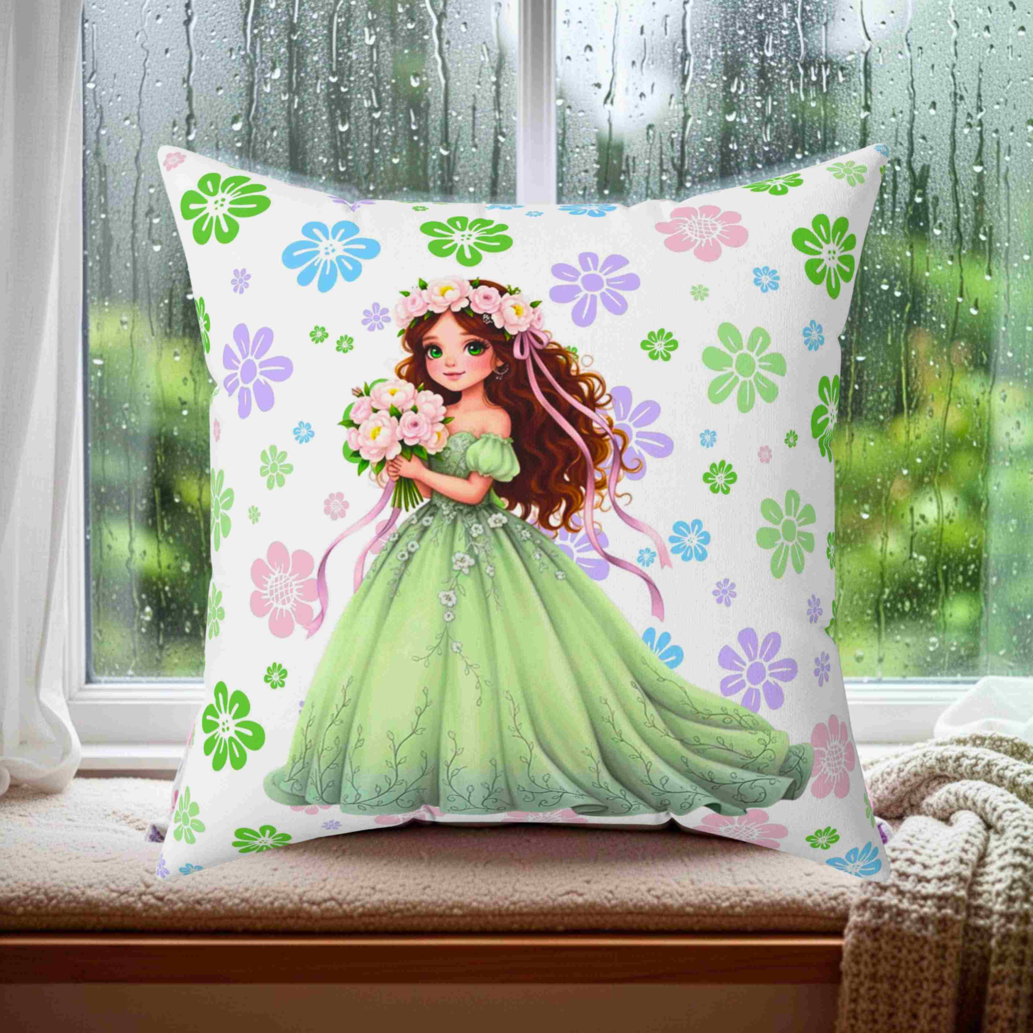The Princess Collection Green Gown Throw Pillow | Spun Polyester Square Pillow, Couch Cushion