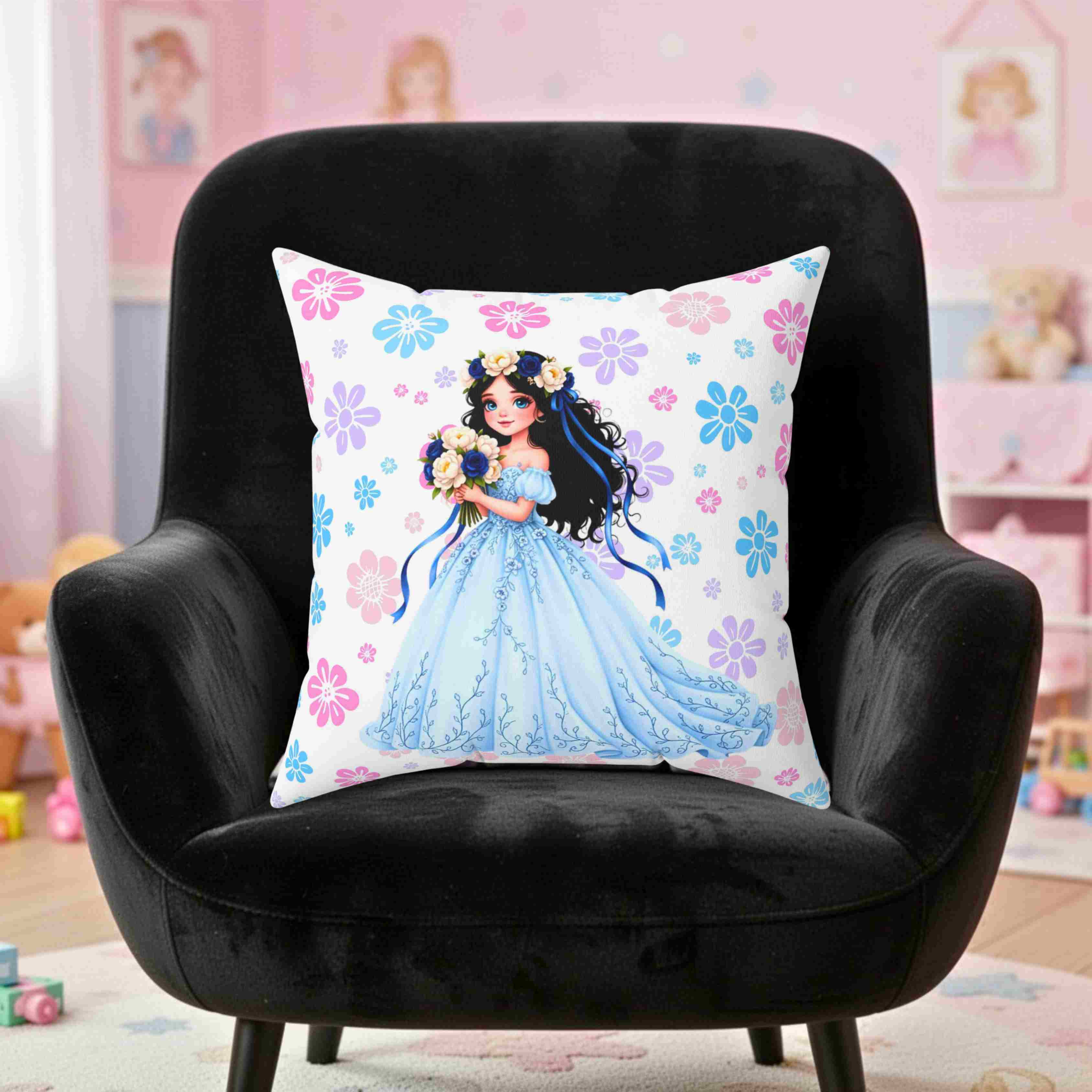 The Princess Collection Blue Gown Throw Pillow — Blue Gown Girl with Flower Crown Cushion Cover product thumbnail image The Princess Collection Blue Gown Throw Pillow — Blue Gown Girl with Flower Crown Cushion Cover product thumbnail image