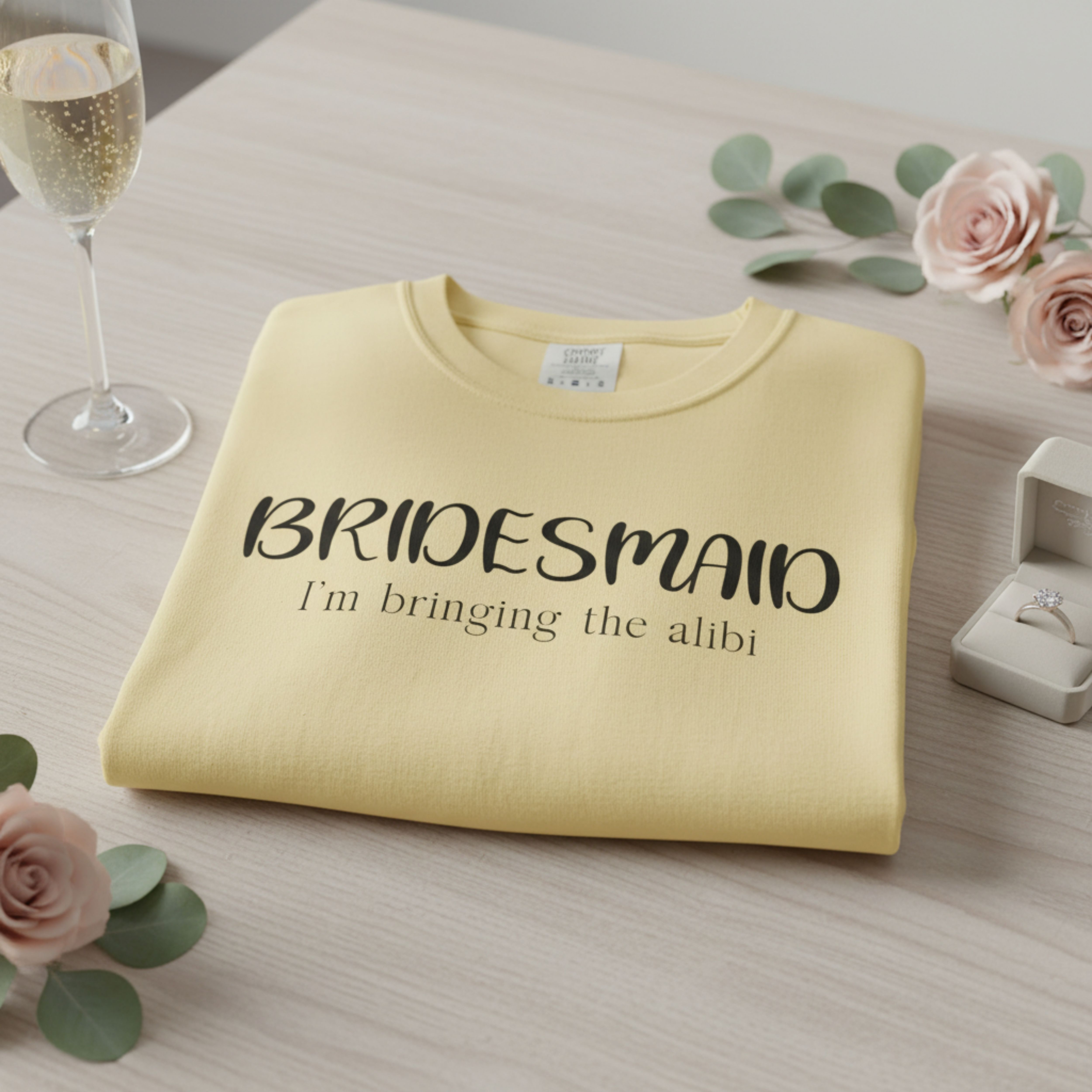 Bachelorette Bridesmaid T-Shirt "I’m Bringing the Alibi" – Bridal Party Tee product thumbnail image