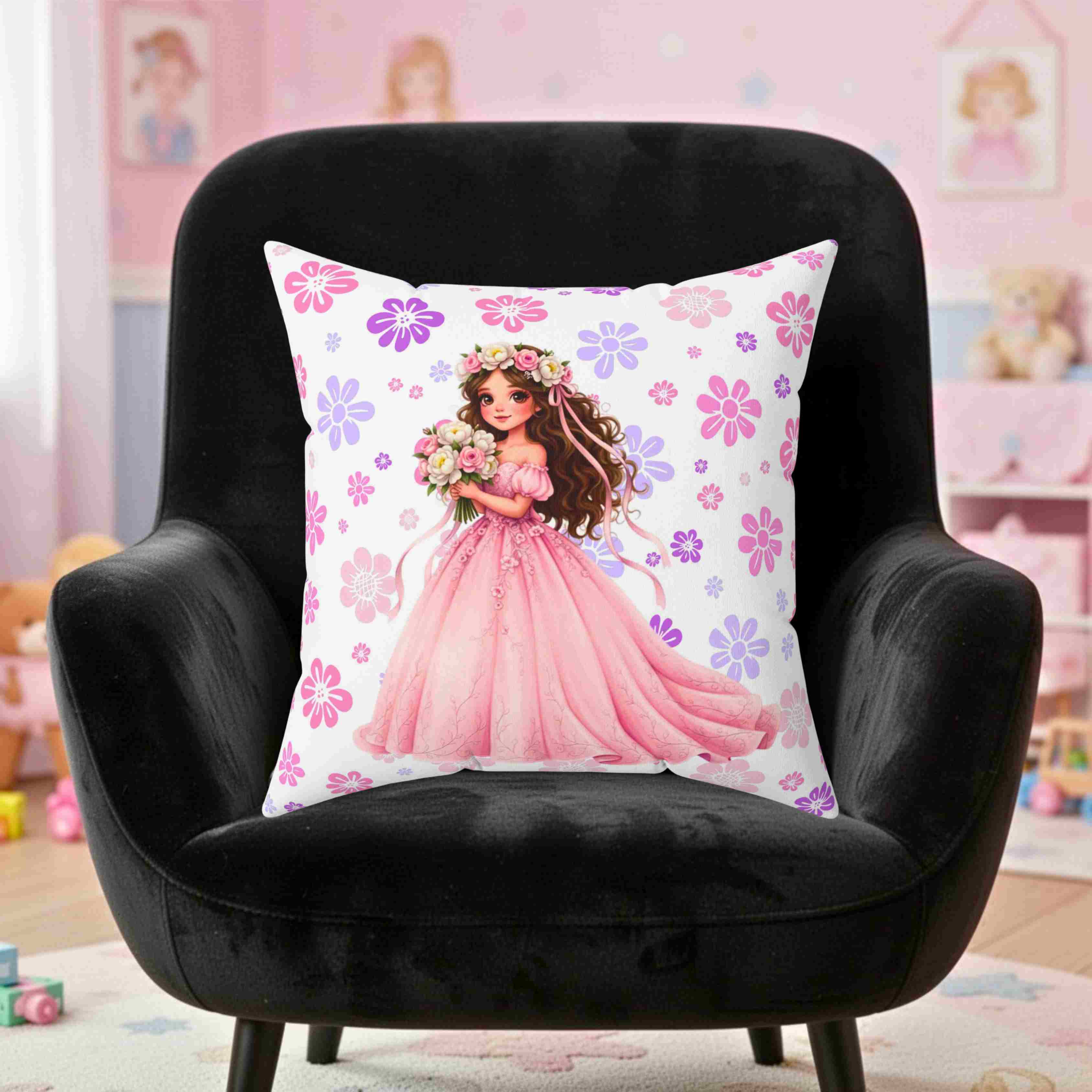The Princess Collection Pink Gown Throw Pillow — Pink Girl in Gown Decorative Couch Cushion product thumbnail image The Princess Collection Pink Gown Throw Pillow — Pink Girl in Gown Decorative Couch Cushion product thumbnail image