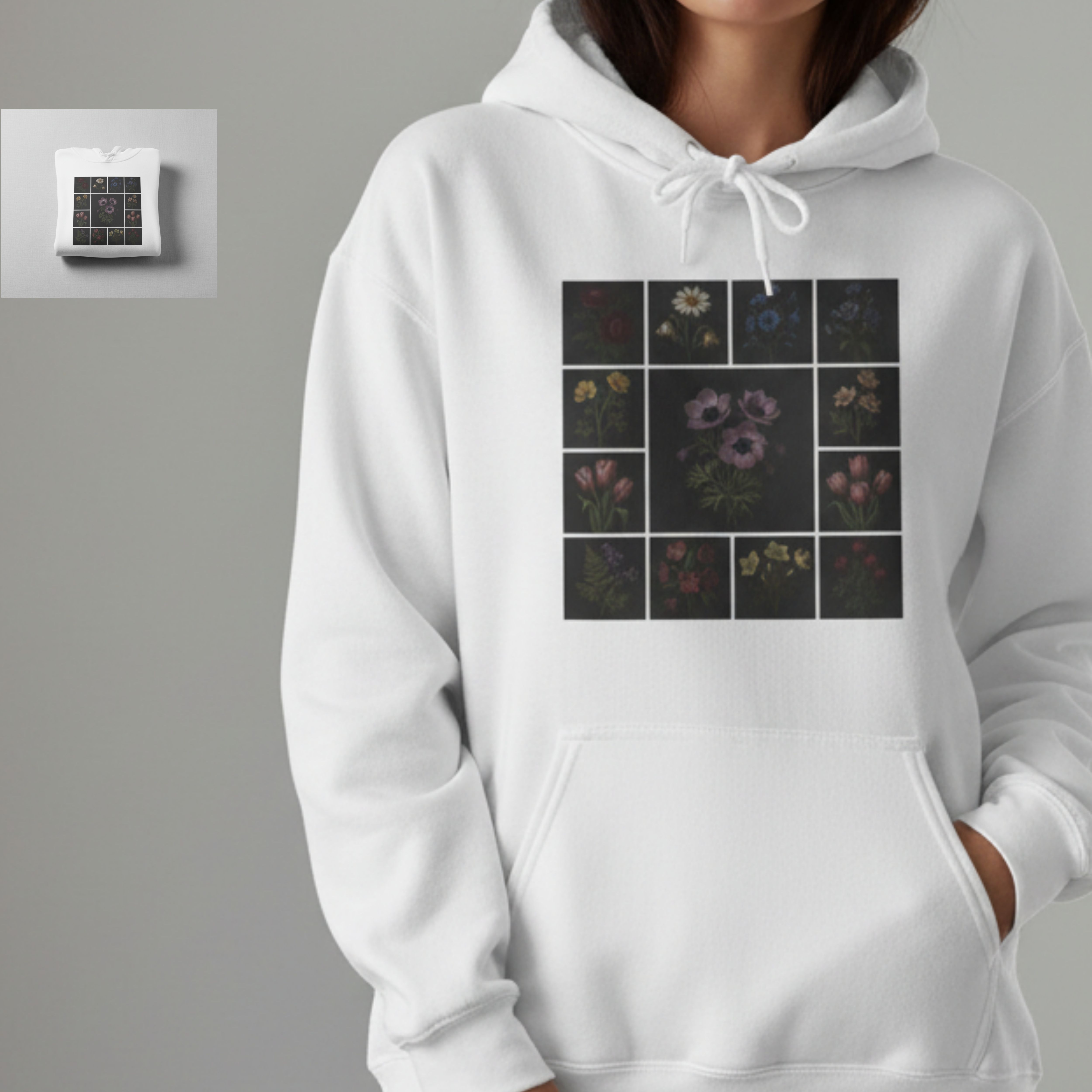 Floral Tile Grid Hoodie — Vintage Dark Botanical Squares product thumbnail image