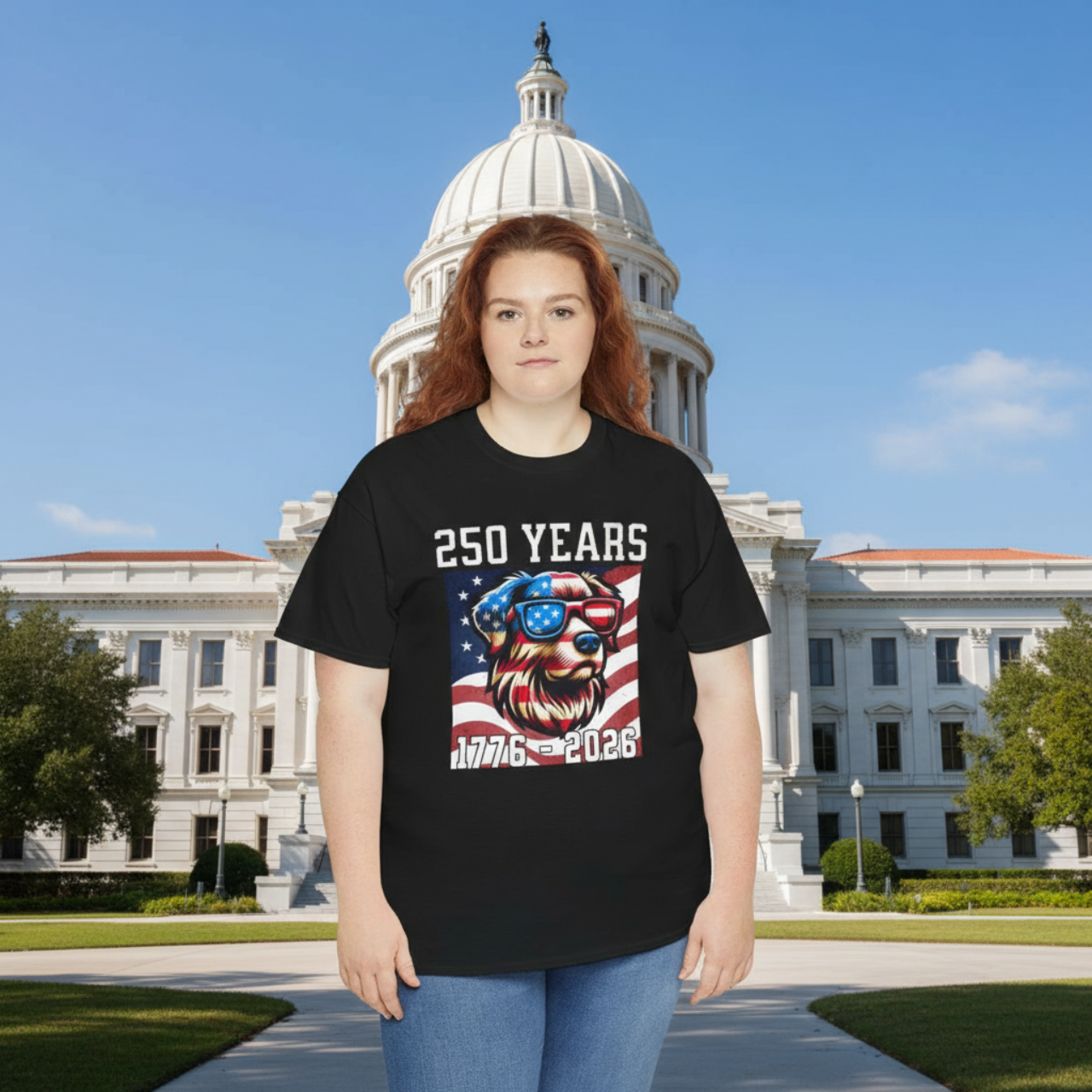 250 Years Celebration T-Shirt — 1776–2026 Patriotic Dog and Flag