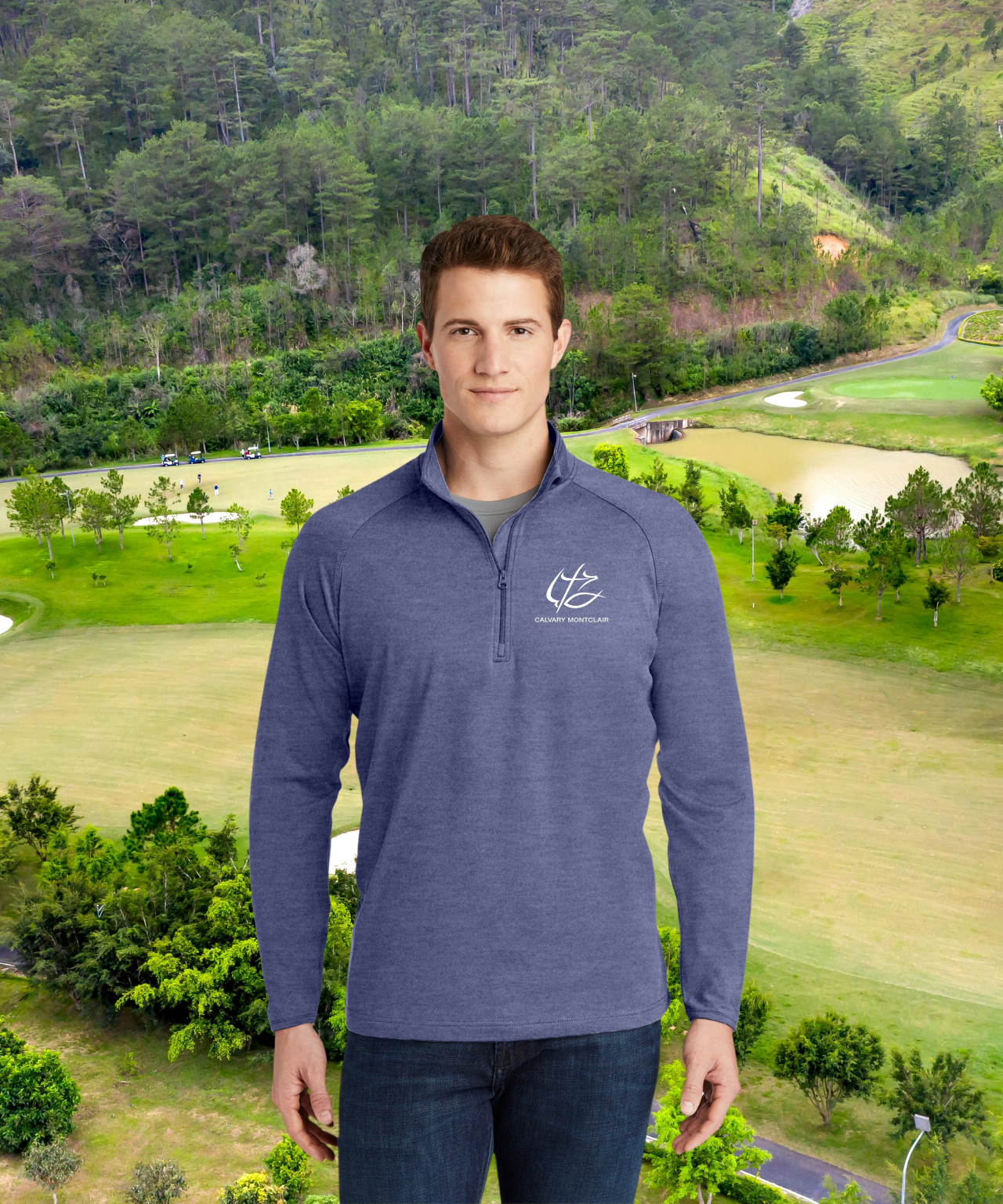 Men's Embroidered Quarter-Zip Pullover Performance Sport-Wick Stretch — CM White Logo