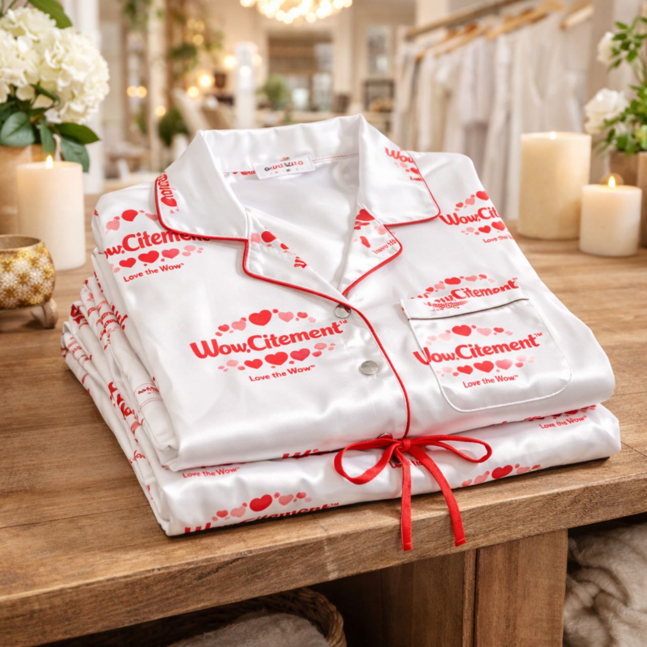 Love the Wow™ – AOP Silky Satin Women’s Pajamas (White Base / Valentine Red Print)  | Romantic Loungewear Set | Perfect Valentine, Anniversary &amp; Bridal Gift product thumbnail image