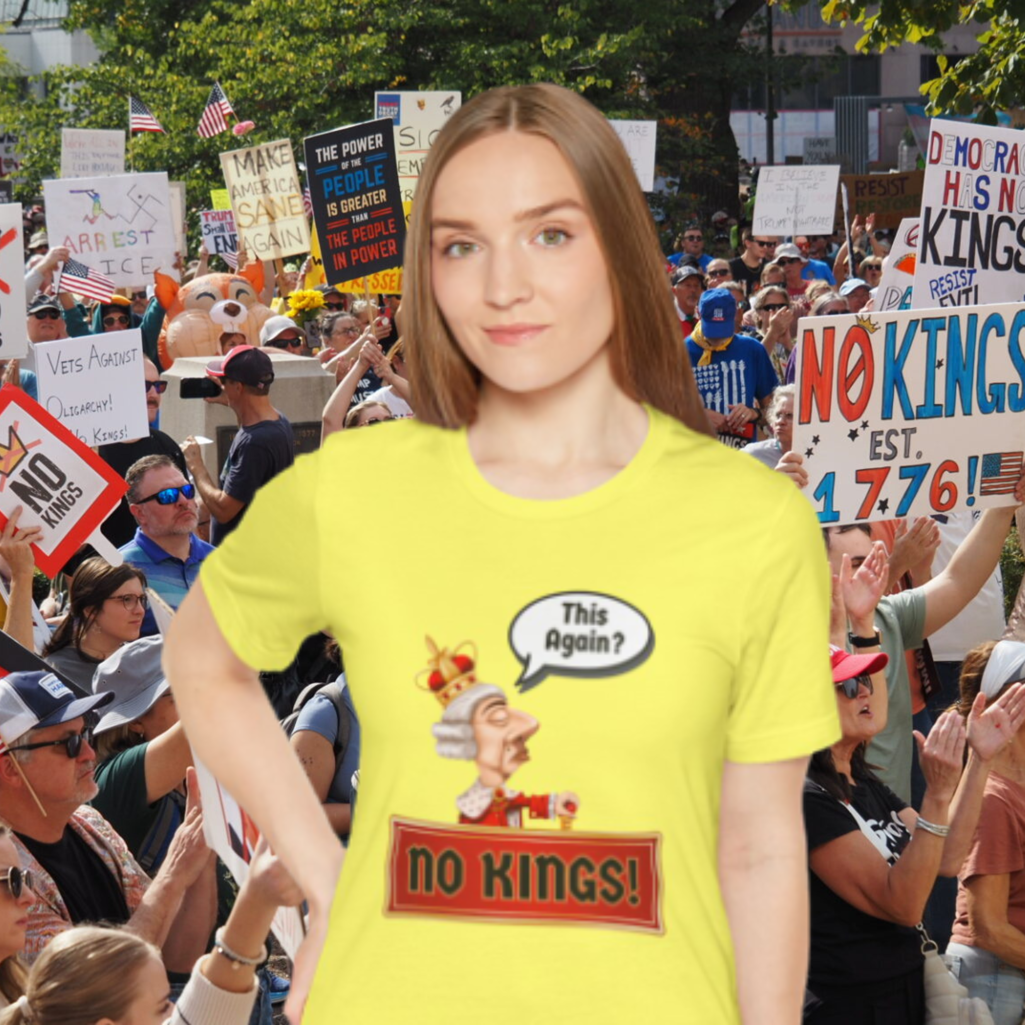 No Kings! Tee — "This Again?" Satirical Cartoon Protest Shirt product thumbnail image No Kings! Tee — "This Again?" Satirical Cartoon Protest Shirt product thumbnail image