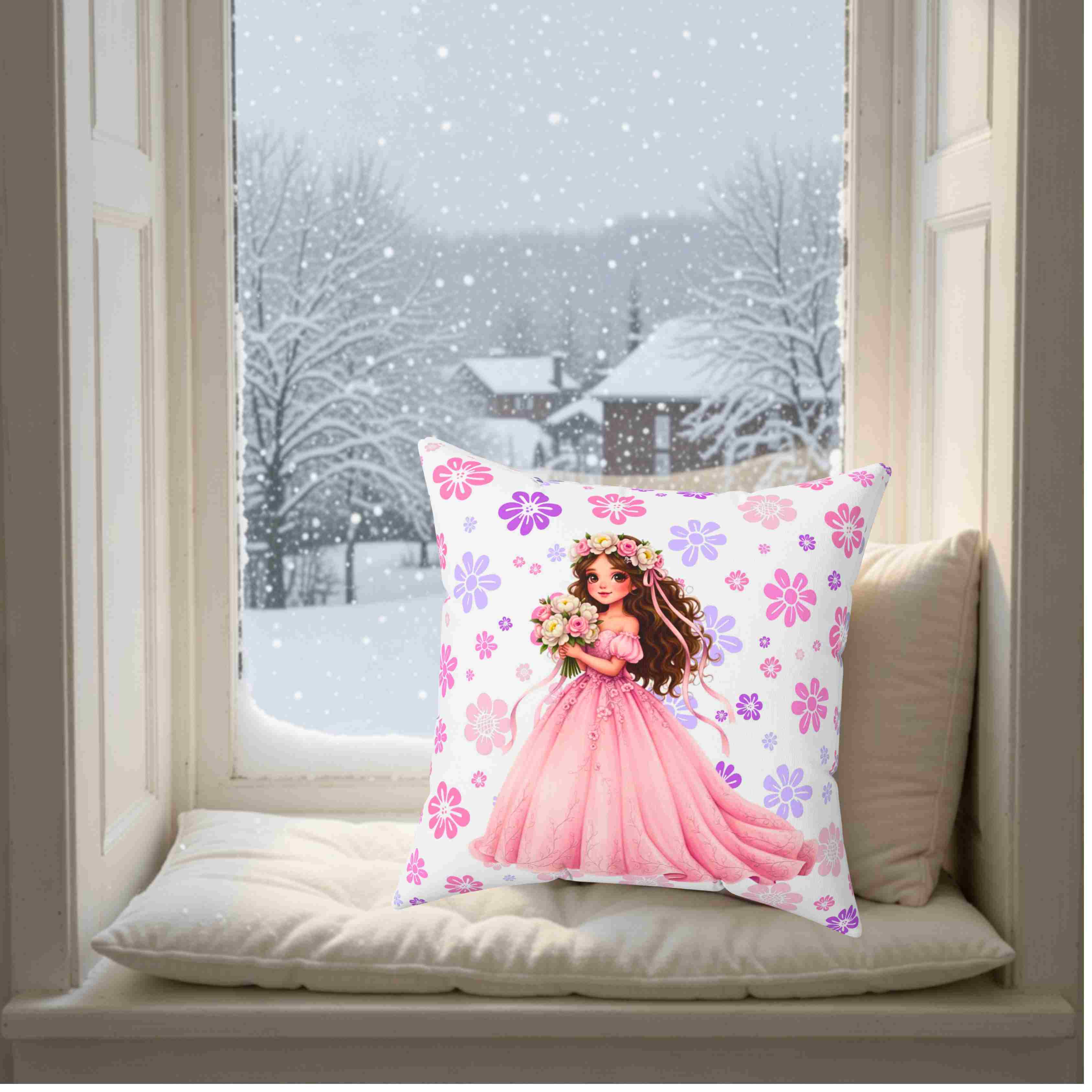 The Princess Collection Pink Gown Throw Pillow — Pink Girl in Gown Decorative Couch Cushion product thumbnail image