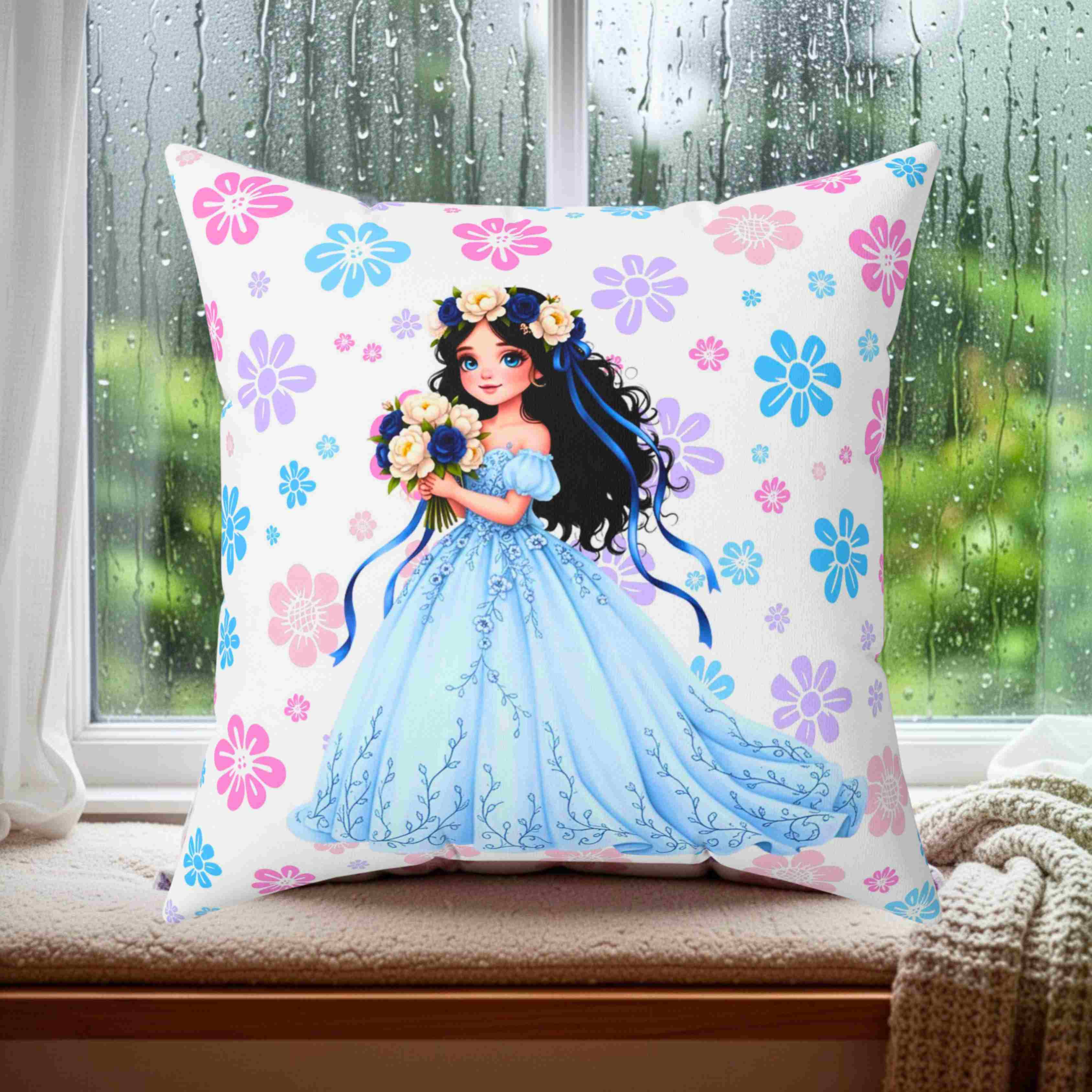 The Princess Collection Blue Gown Throw Pillow — Blue Gown Girl with Flower Crown Cushion Cover