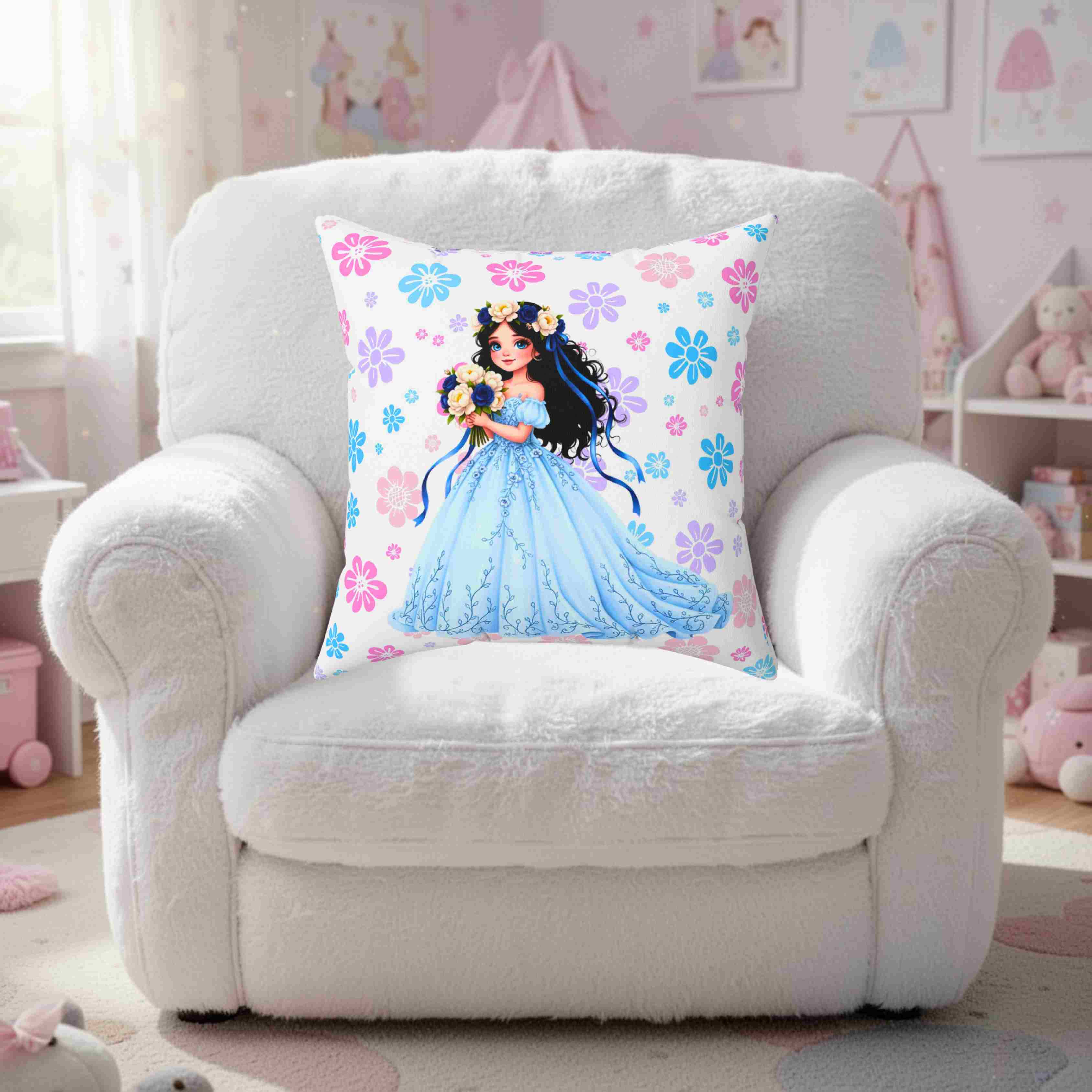 The Princess Collection Blue Gown Throw Pillow — Blue Gown Girl with Flower Crown Cushion Cover product thumbnail image The Princess Collection Blue Gown Throw Pillow — Blue Gown Girl with Flower Crown Cushion Cover product thumbnail image